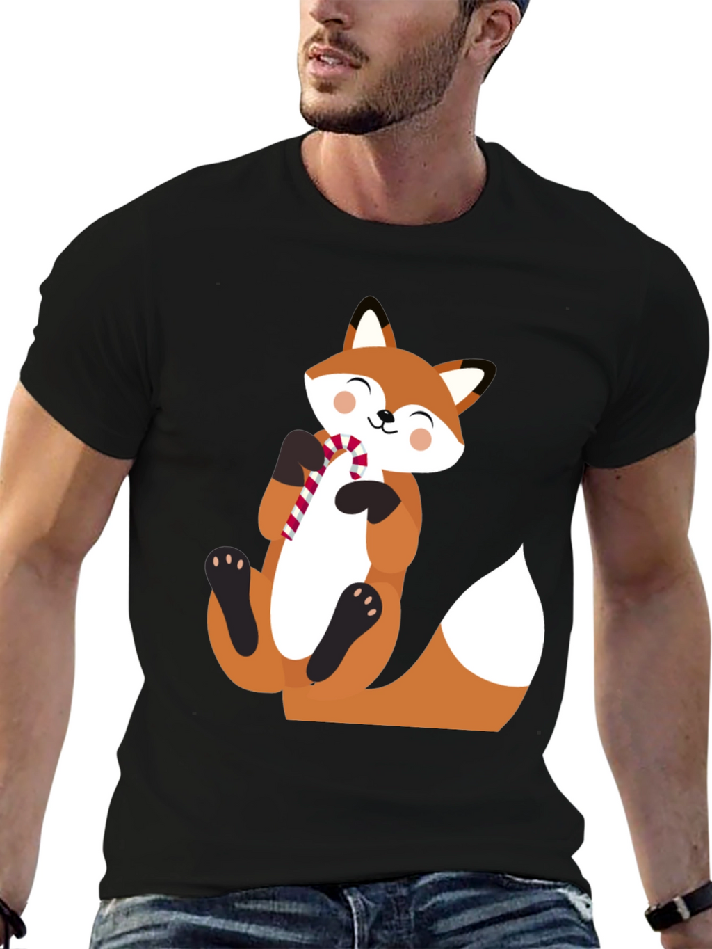 Cute Fox with Candy Cane Black T-Shirt