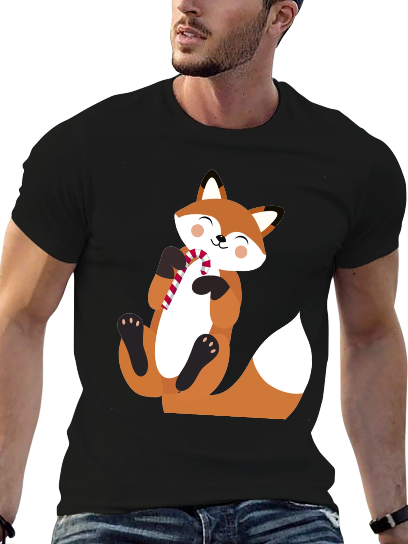 Cute Fox with Candy Cane Black T-Shirt