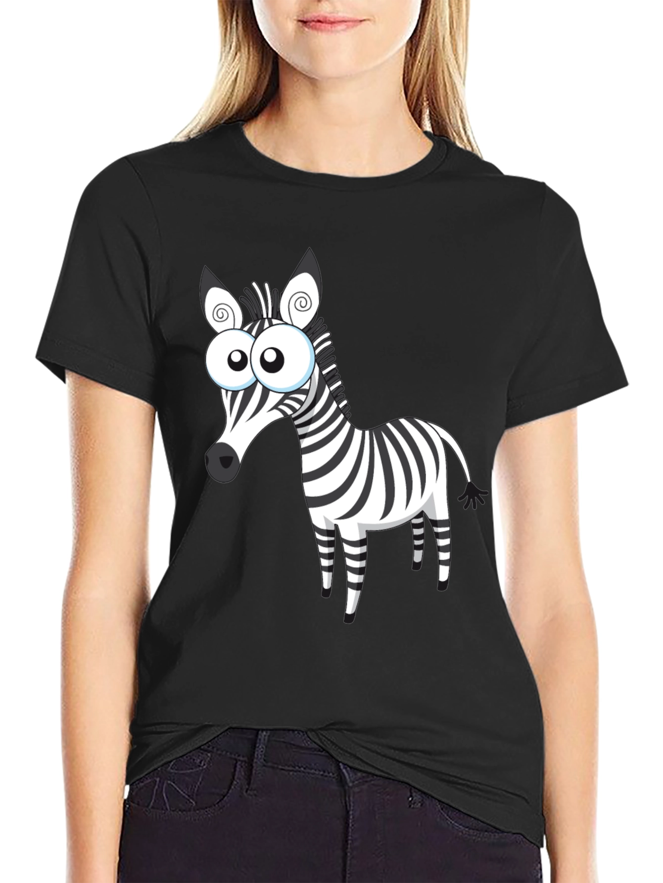 Cartoon Zebra Graphic Black T-Shirt