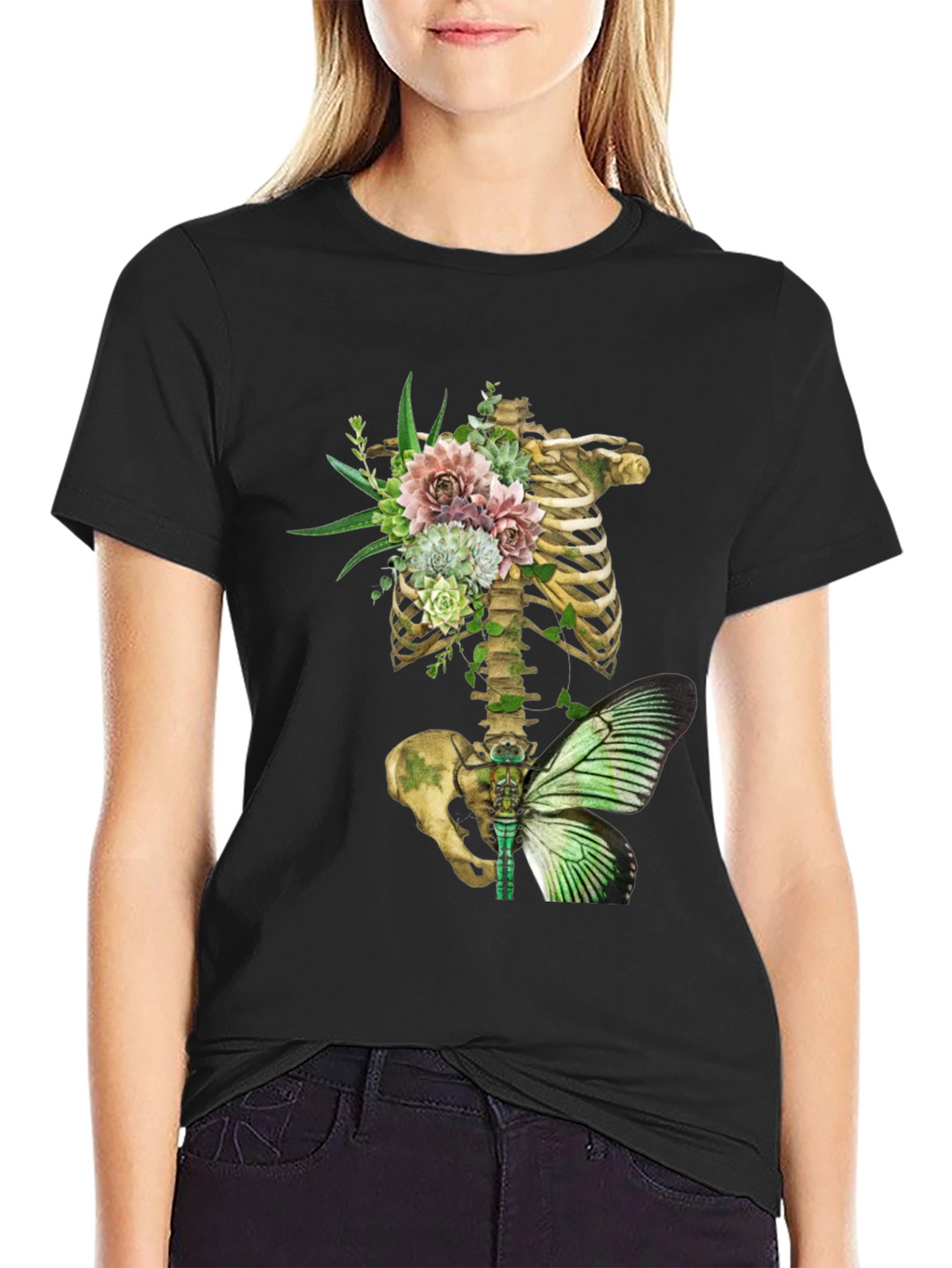Floral Skeleton Ribcage Butterfly Graphic Tee