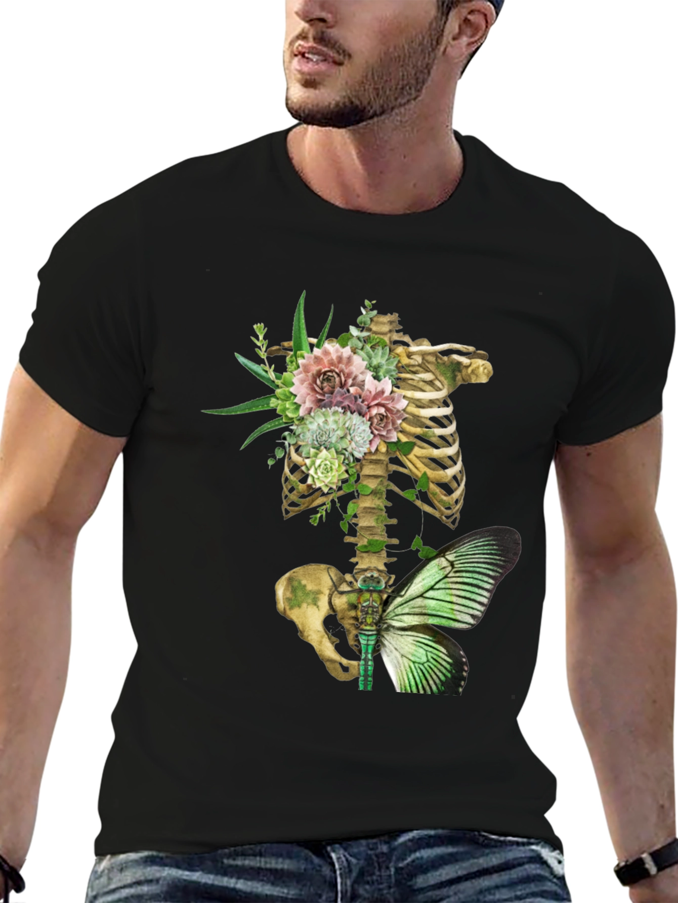 Floral Skeleton Ribcage Butterfly Graphic Tee