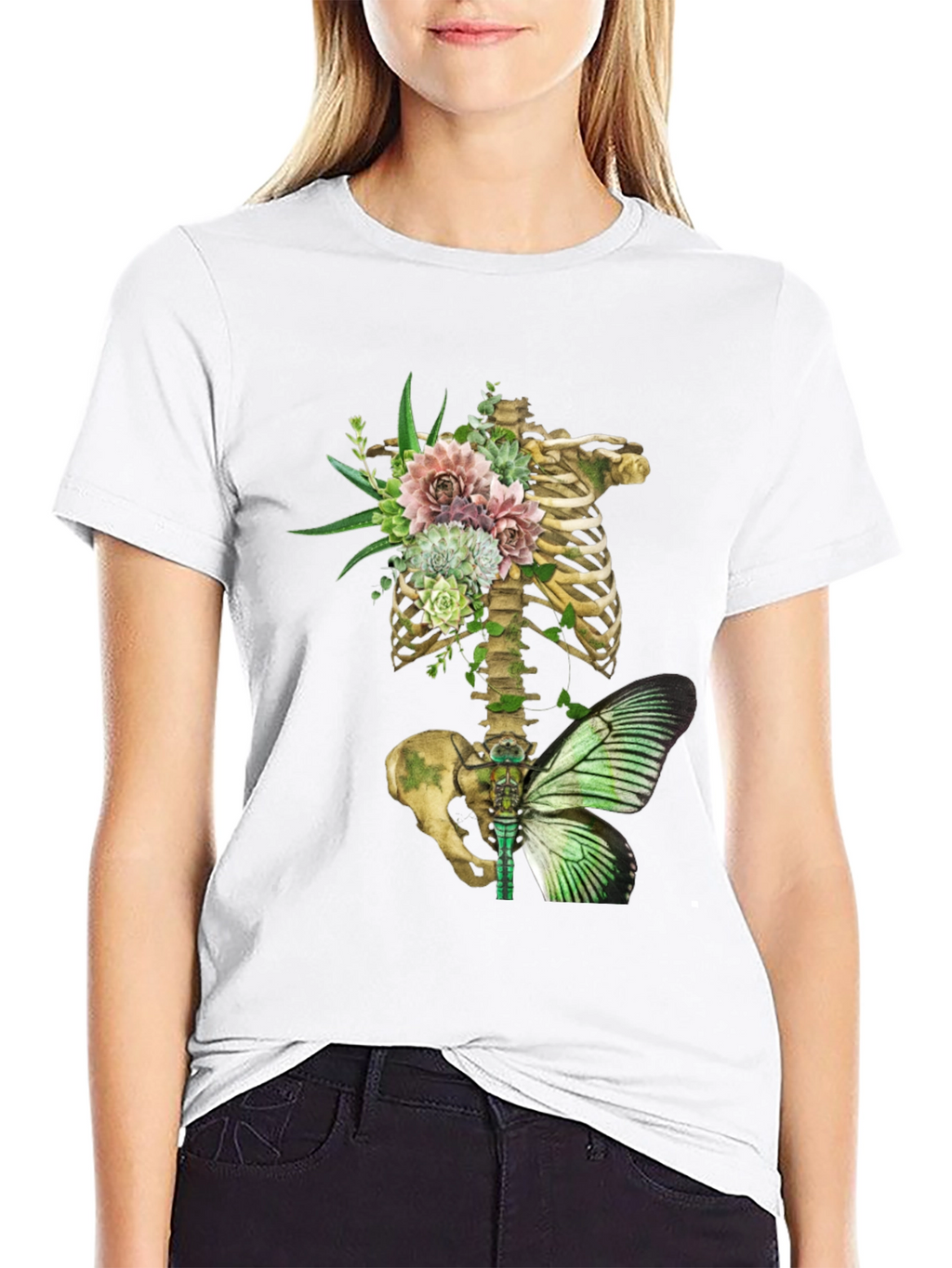 Floral Skeleton Ribcage Butterfly Graphic Tee