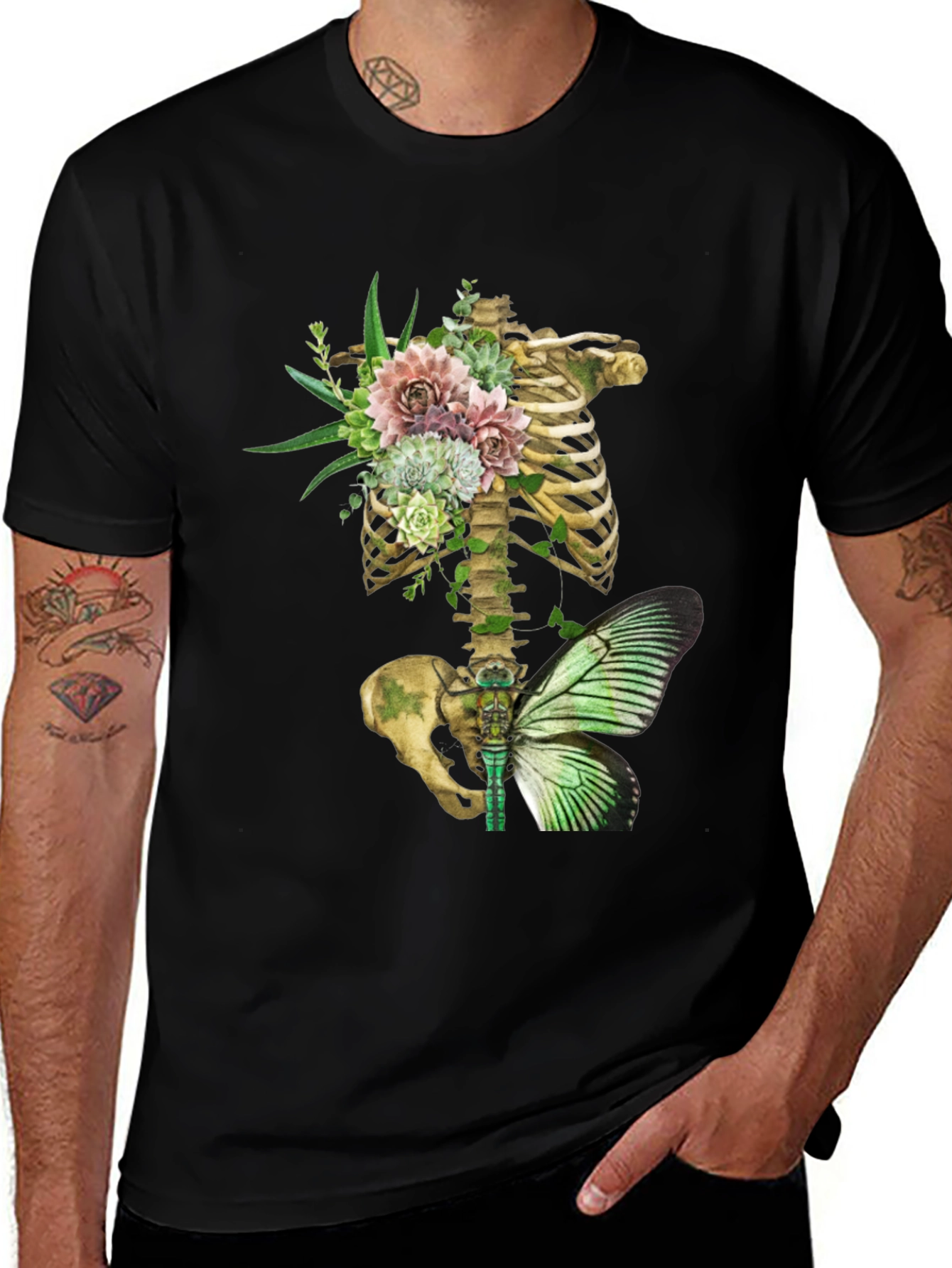 Floral Skeleton Ribcage Butterfly Graphic Tee