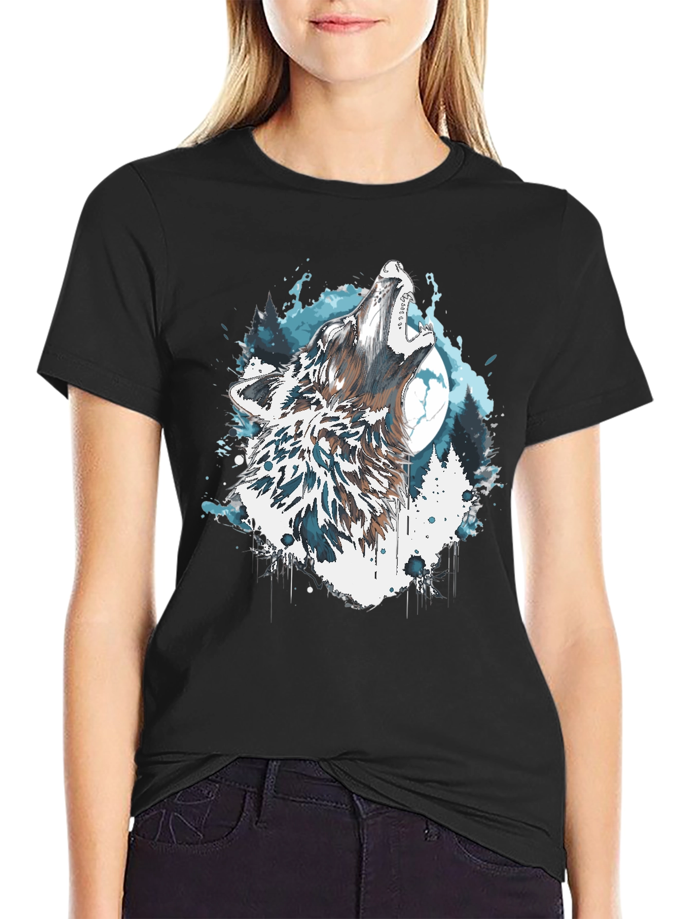Wolf Howling Moon Graphic Tee - Black Crew Neck