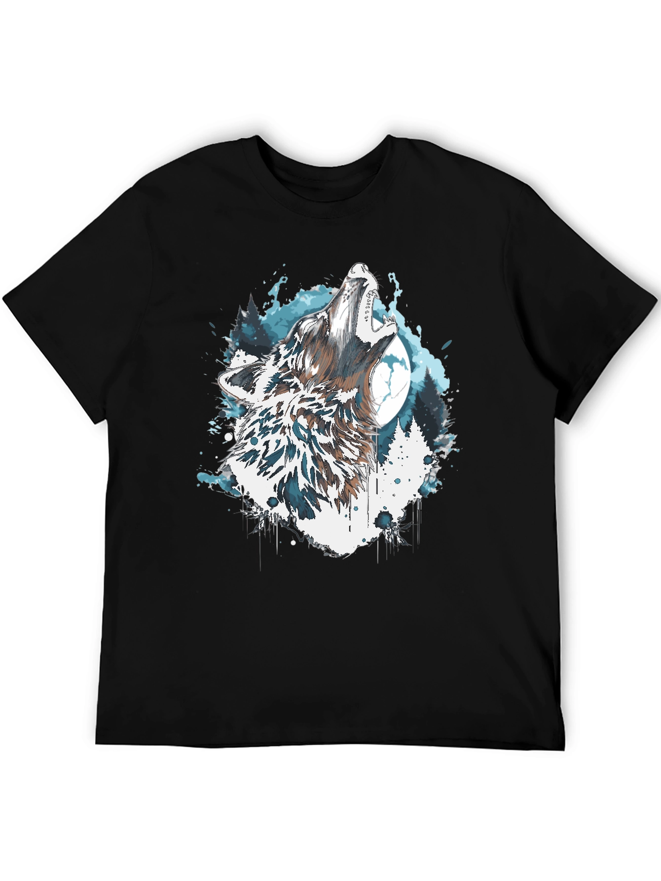 Wolf Howling Moon Graphic Tee - Black Crew Neck