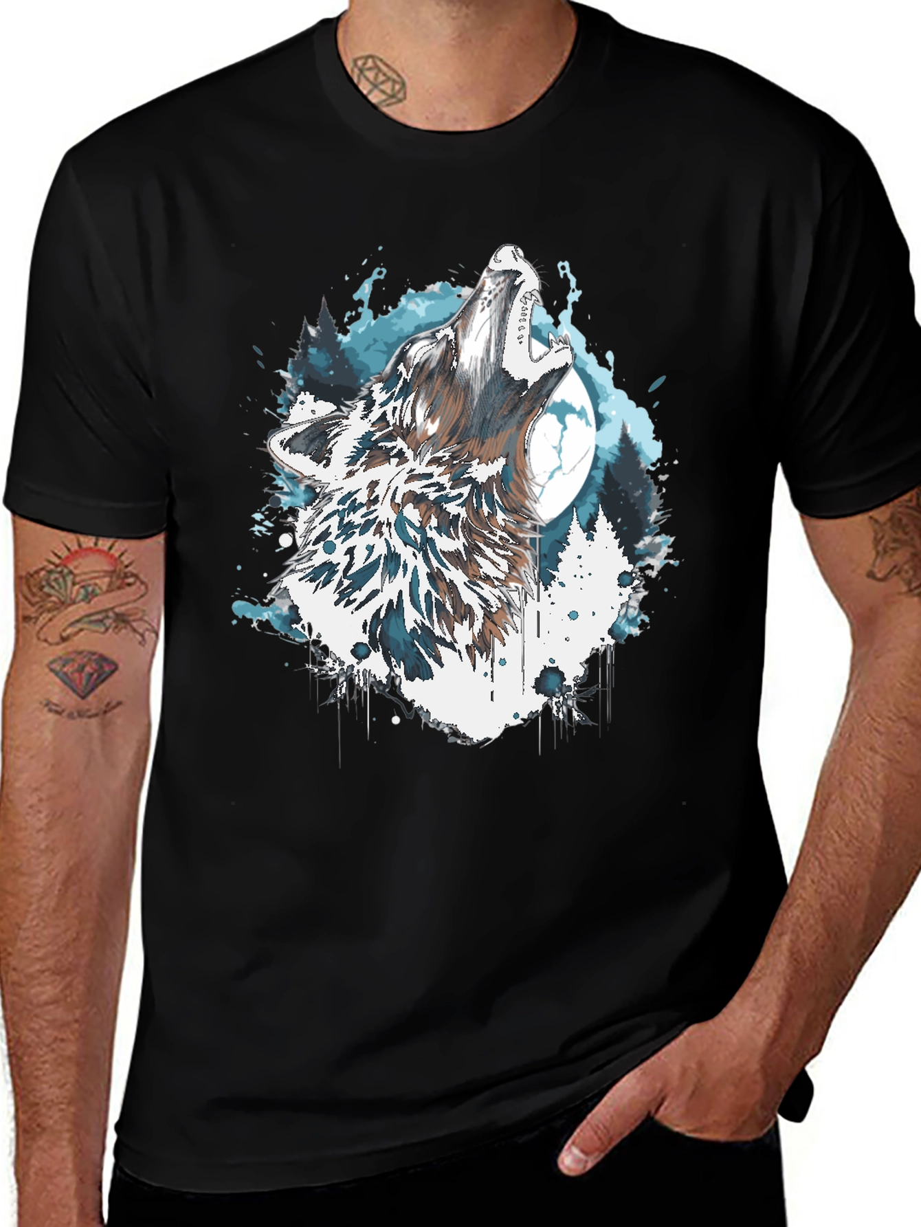 Wolf Howling Moon Graphic Tee - Black Crew Neck
