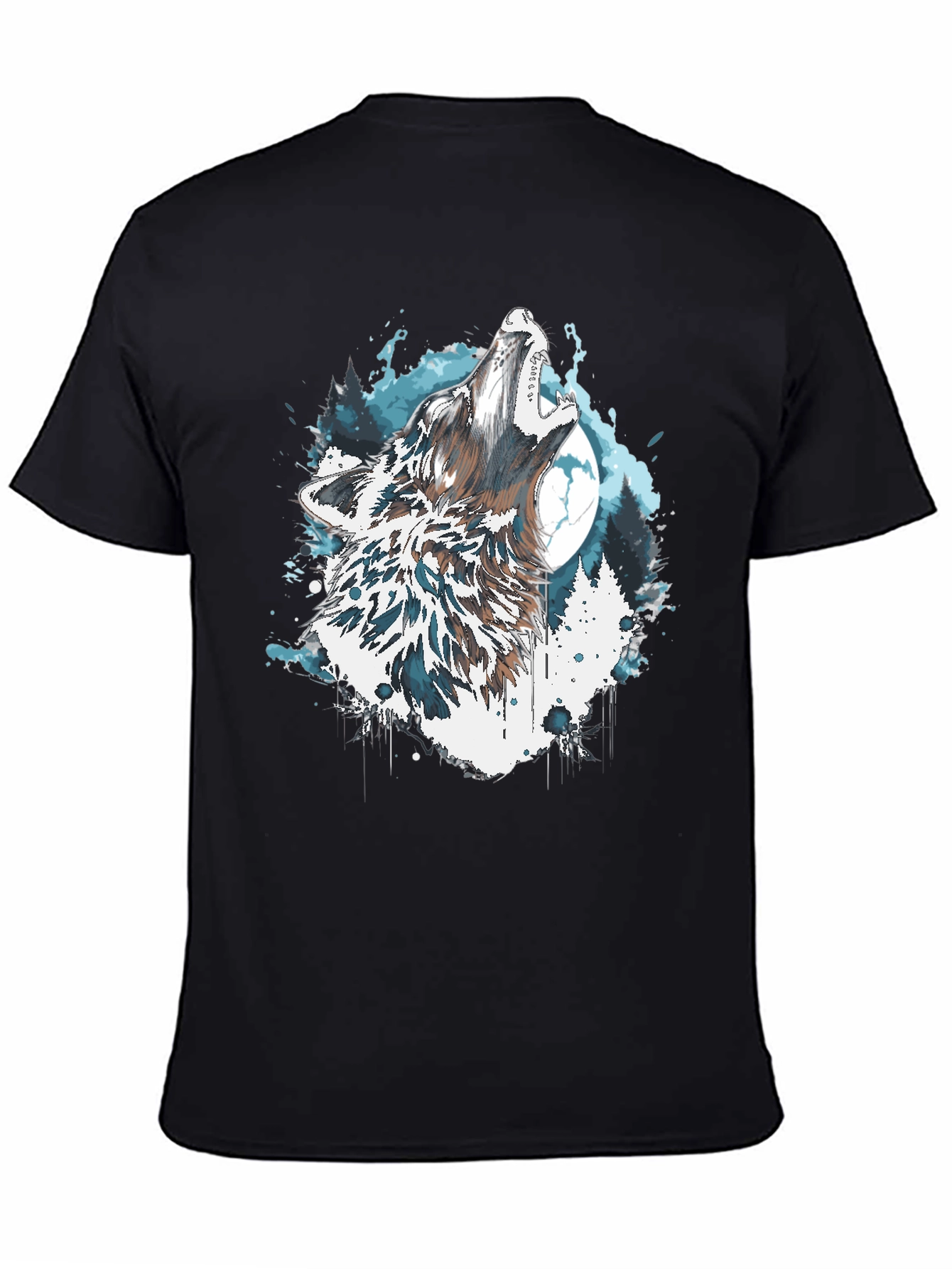 Wolf Howling Moon Graphic Tee - Black Crew Neck