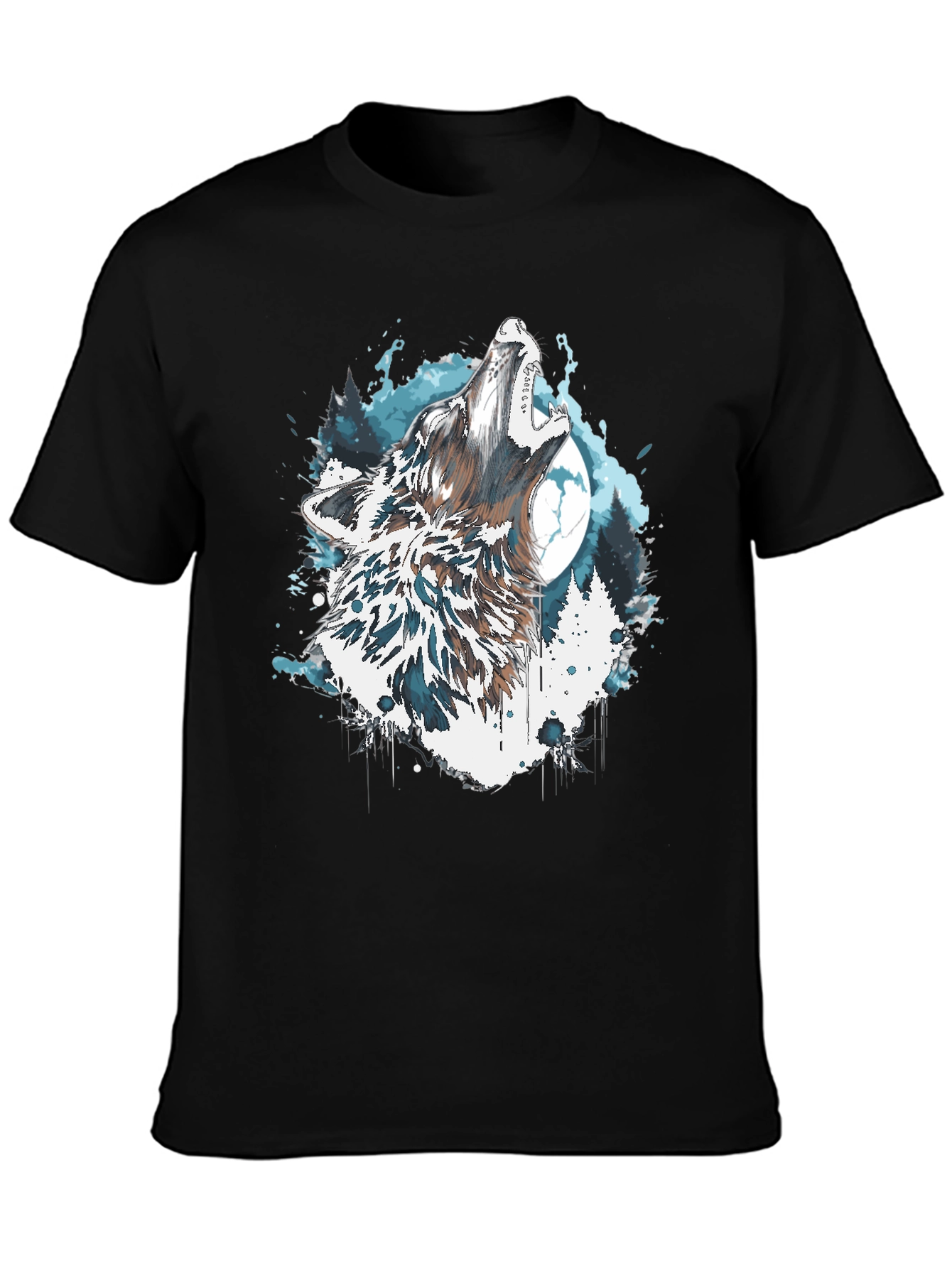 Wolf Howling Moon Graphic Tee - Black Crew Neck