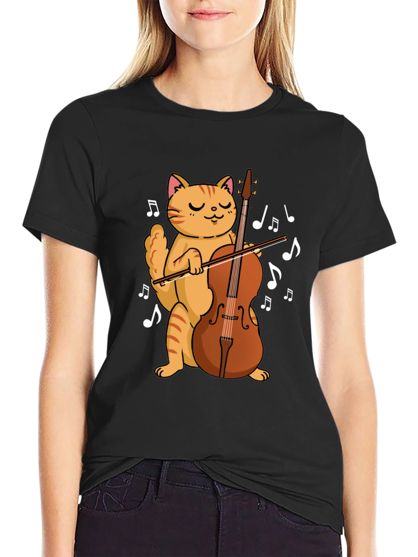 Cat Playing Cello Black T-Shirt