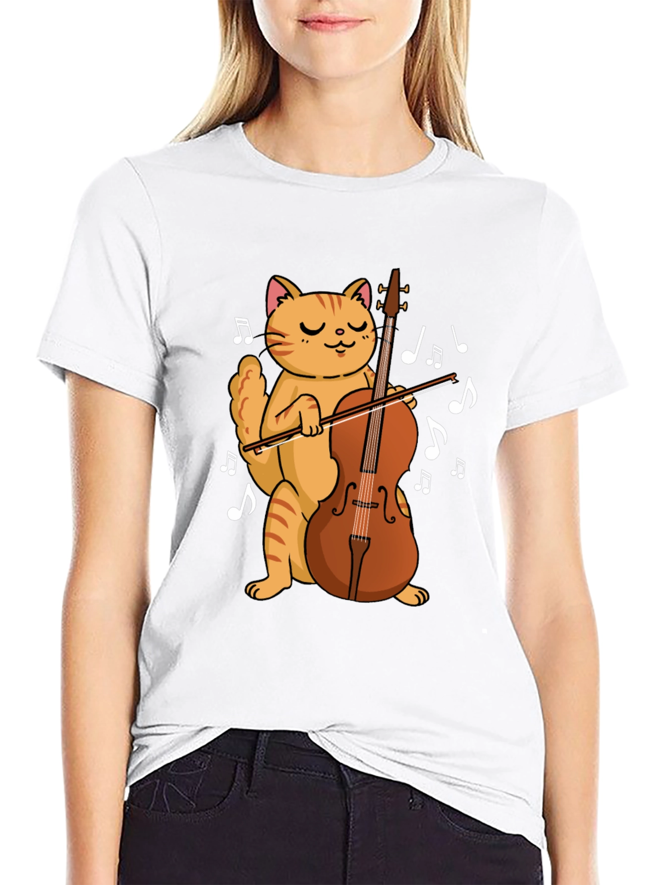 Cat Playing Cello Black T-Shirt