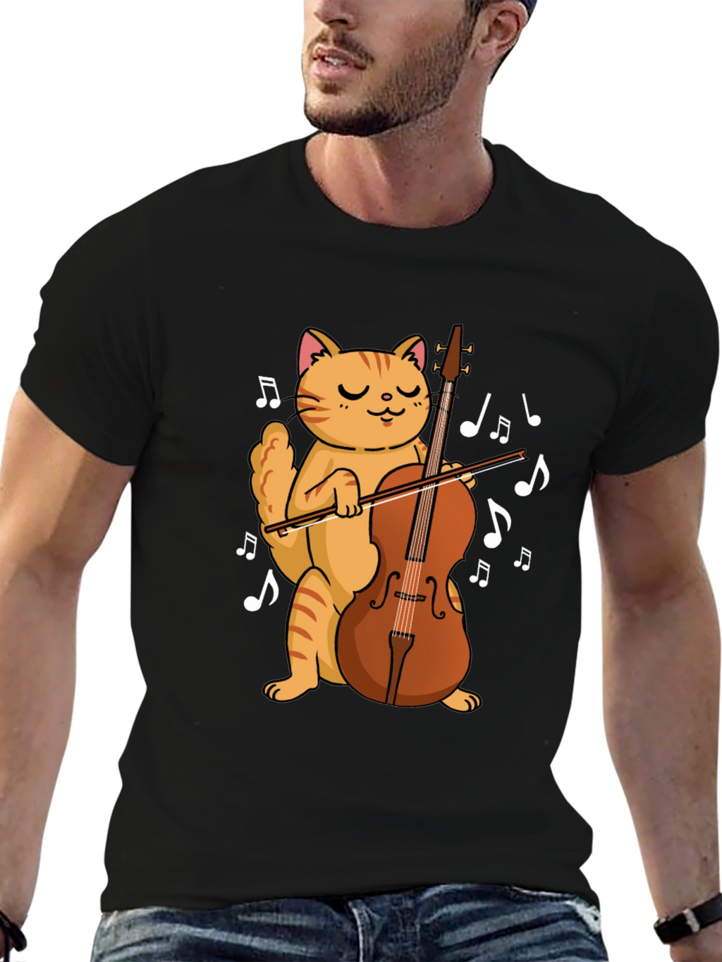 Cat Playing Cello Black T-Shirt