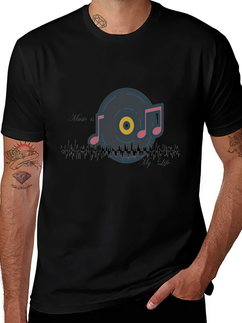 Music Notes Graphic Tee - Black Cotton T-Shirt