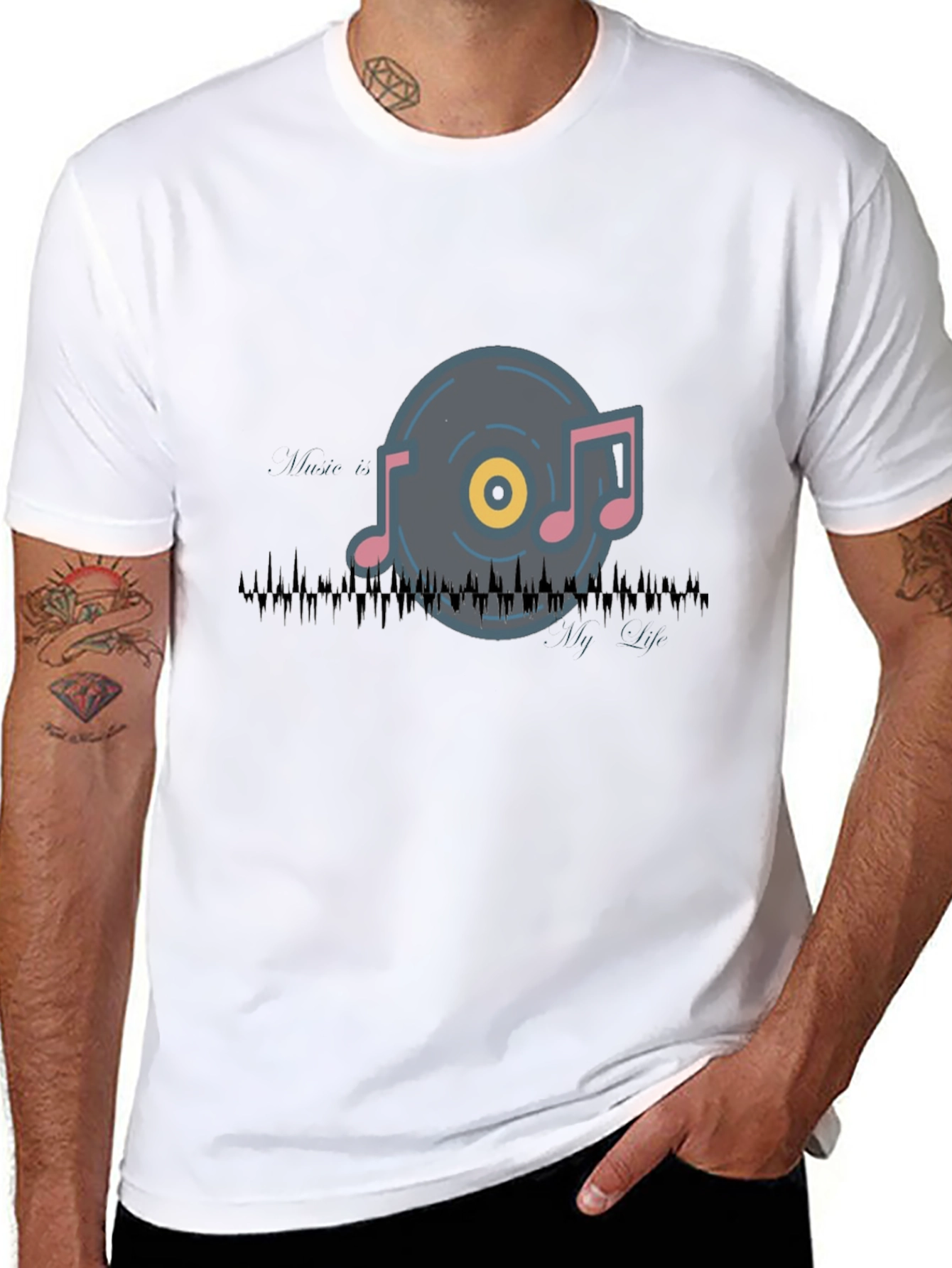 Music Notes Graphic Tee - Black Cotton T-Shirt