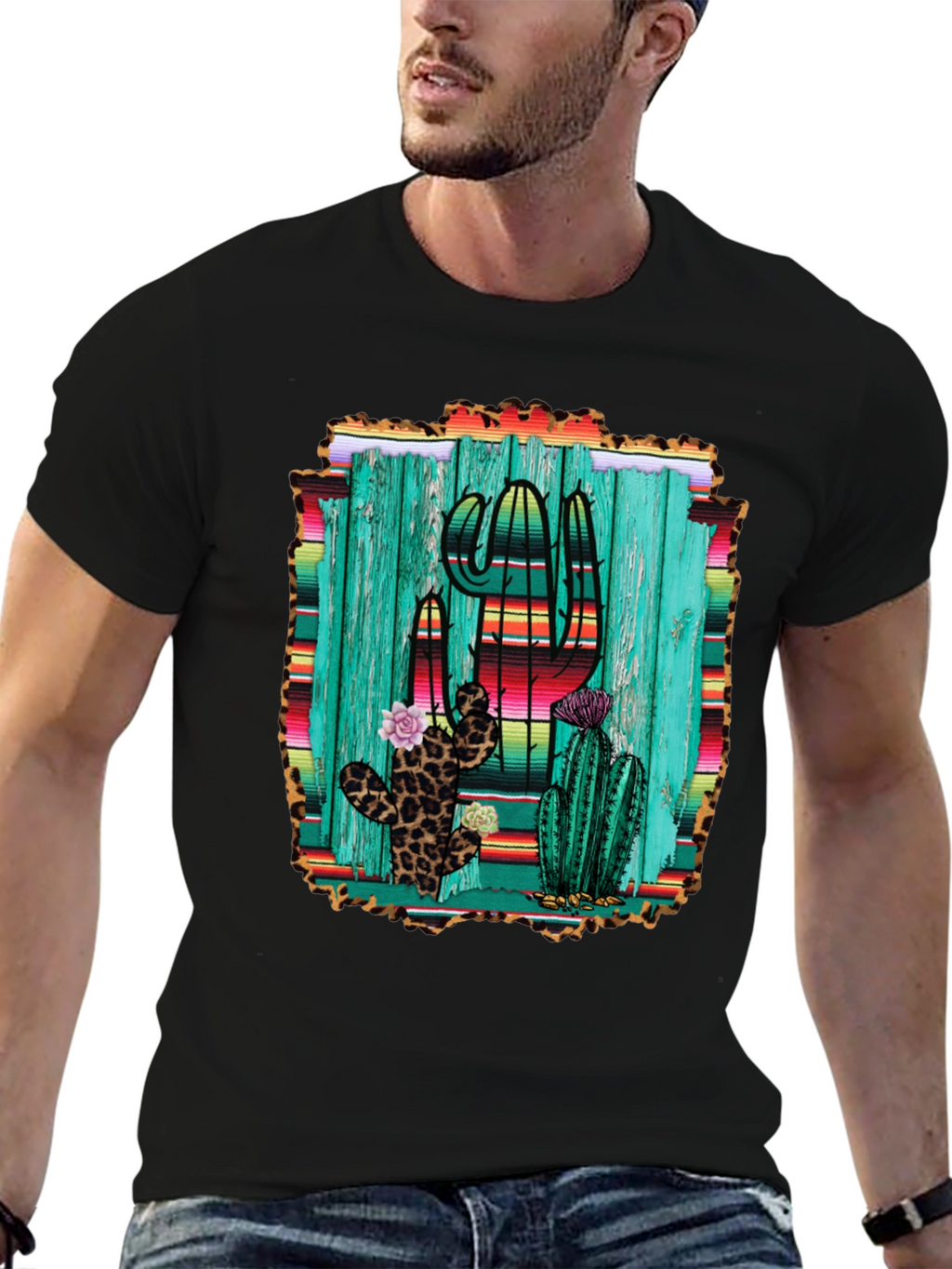 Cactus Print Mens Black T-Shirt