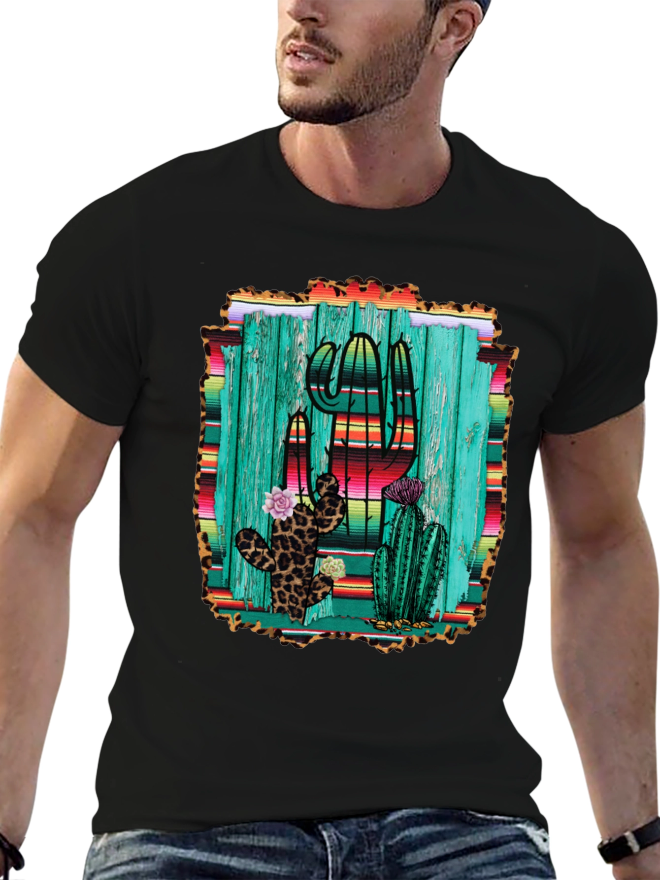Cactus Print Mens Black T-Shirt