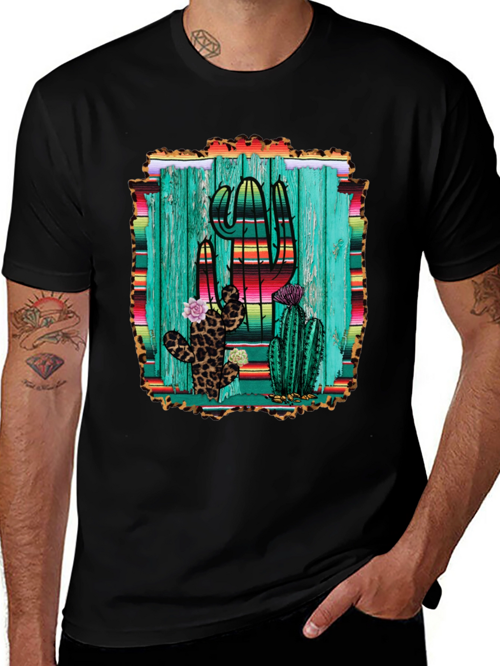 Cactus Print Mens Black T-Shirt