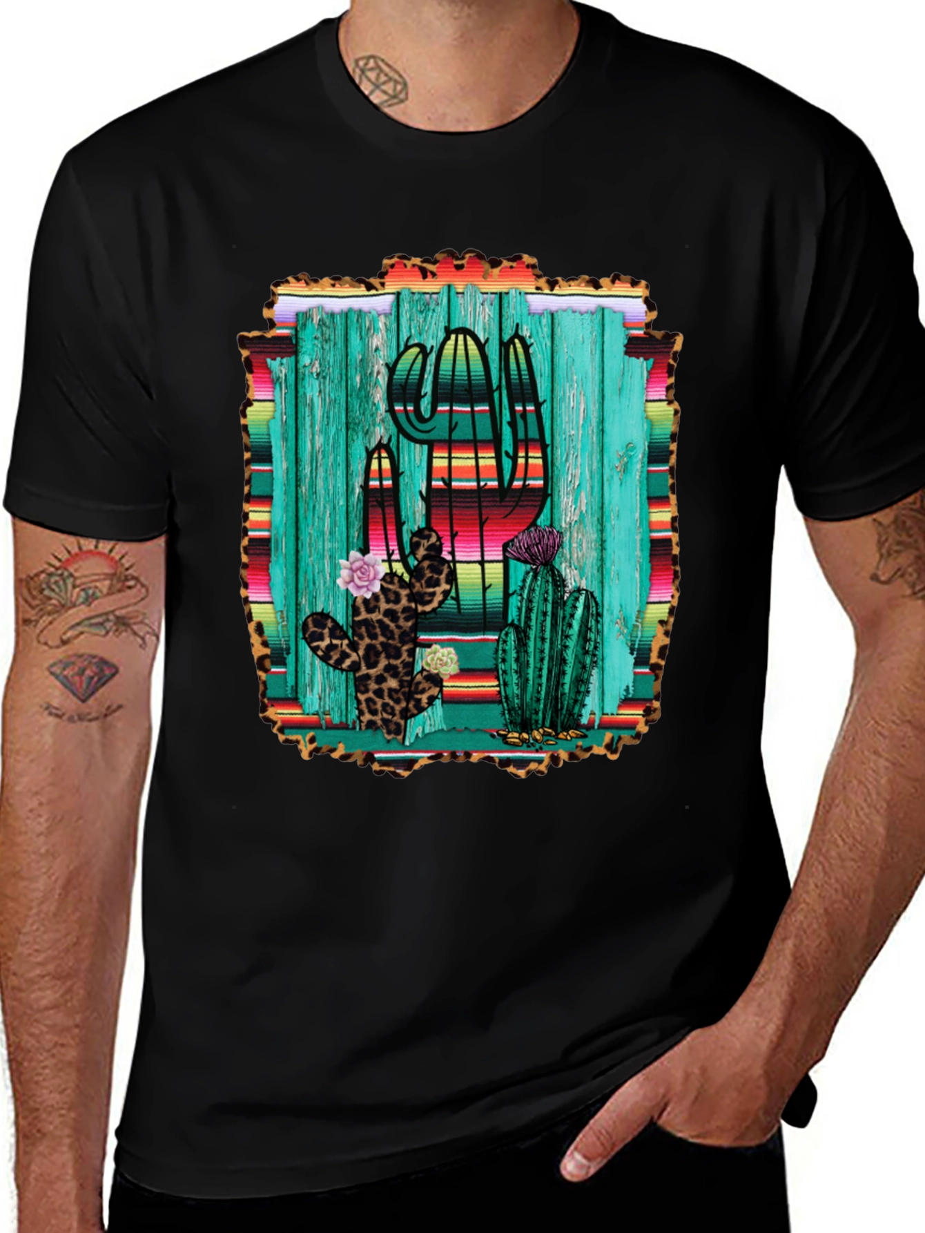 Cactus Print Mens Black T-Shirt