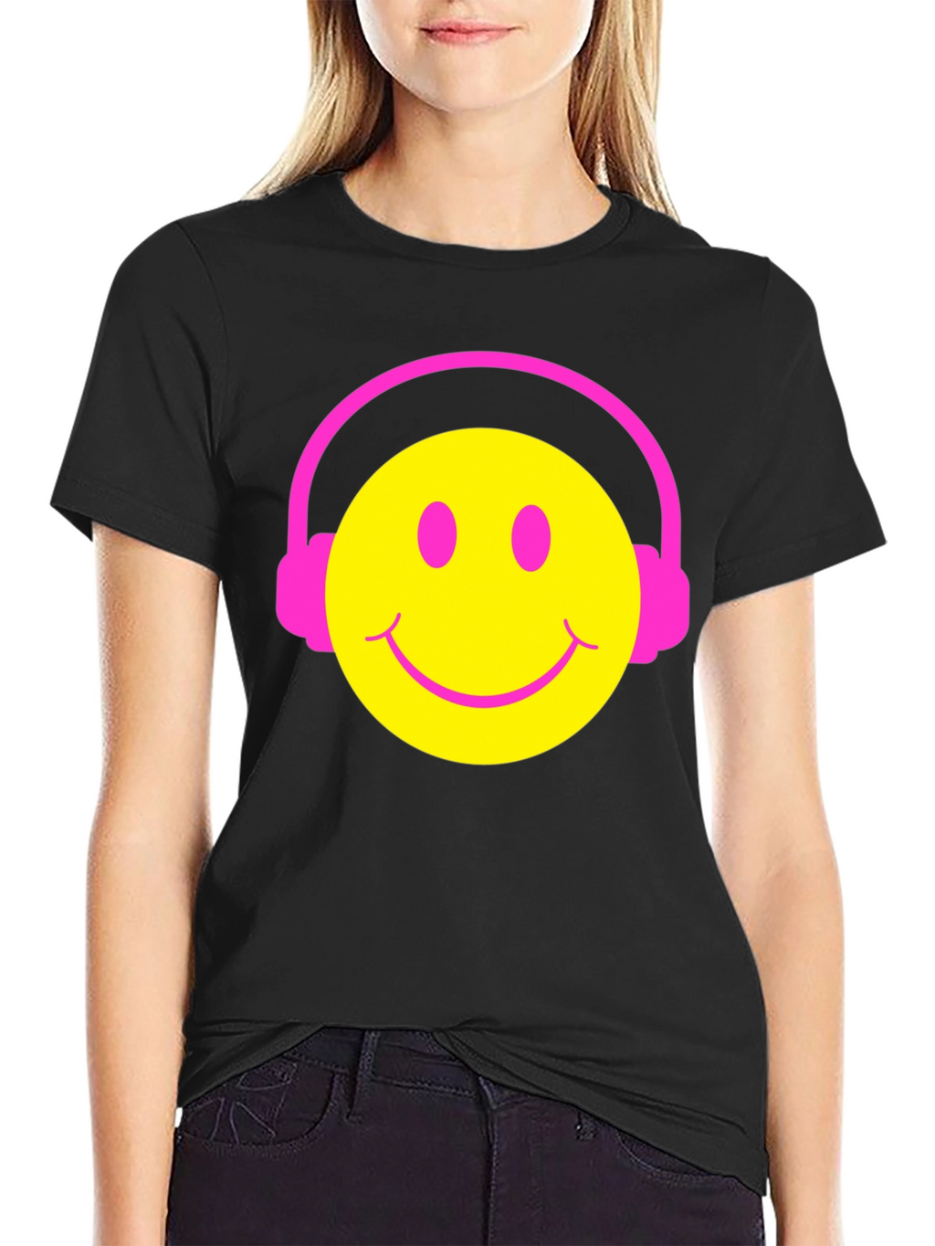 Smiley Face Headphones Graphic Tee - Black