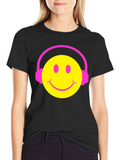Smiley Face Headphones Graphic Tee - Black