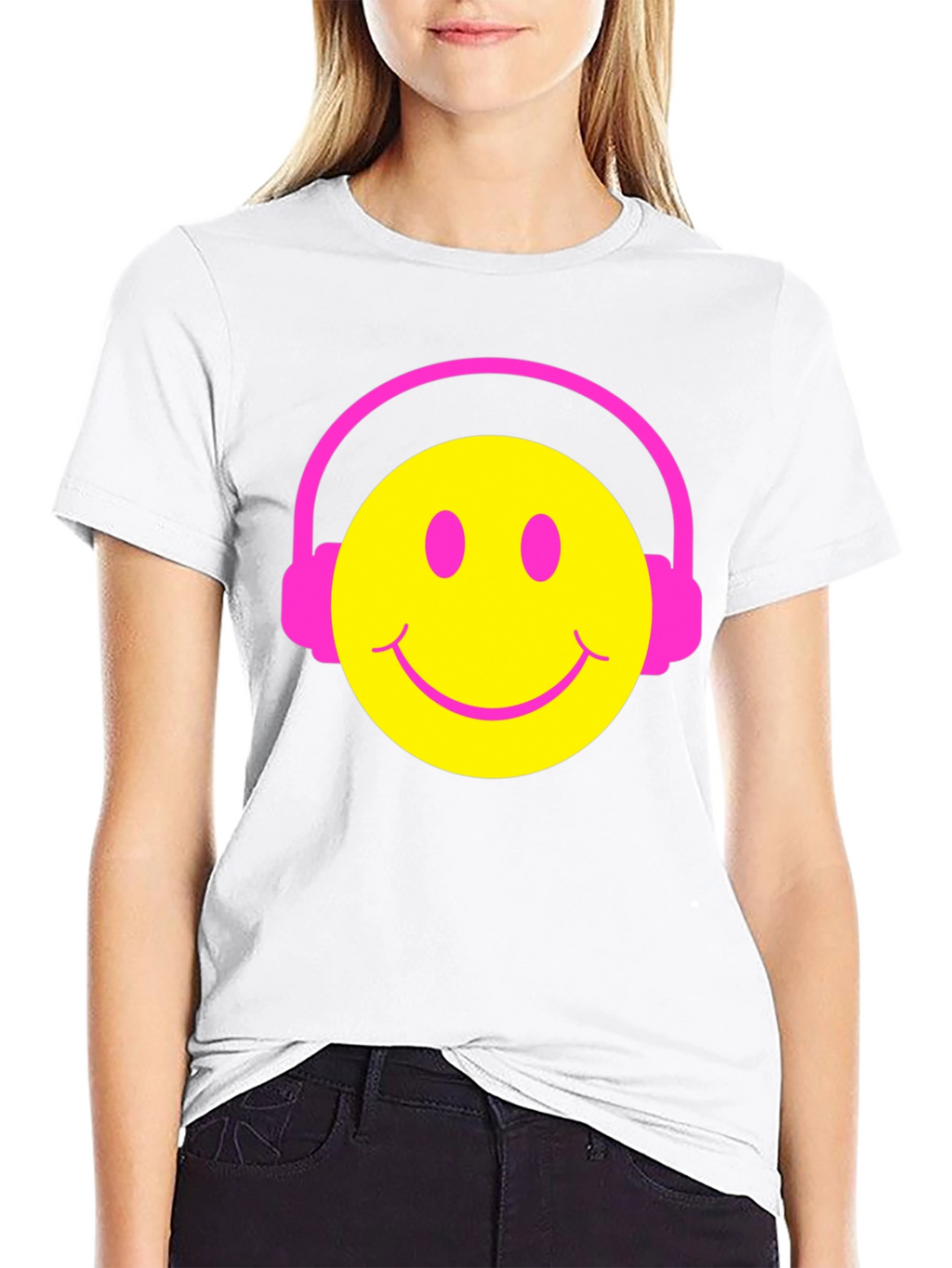Smiley Face Headphones Graphic Tee - Black