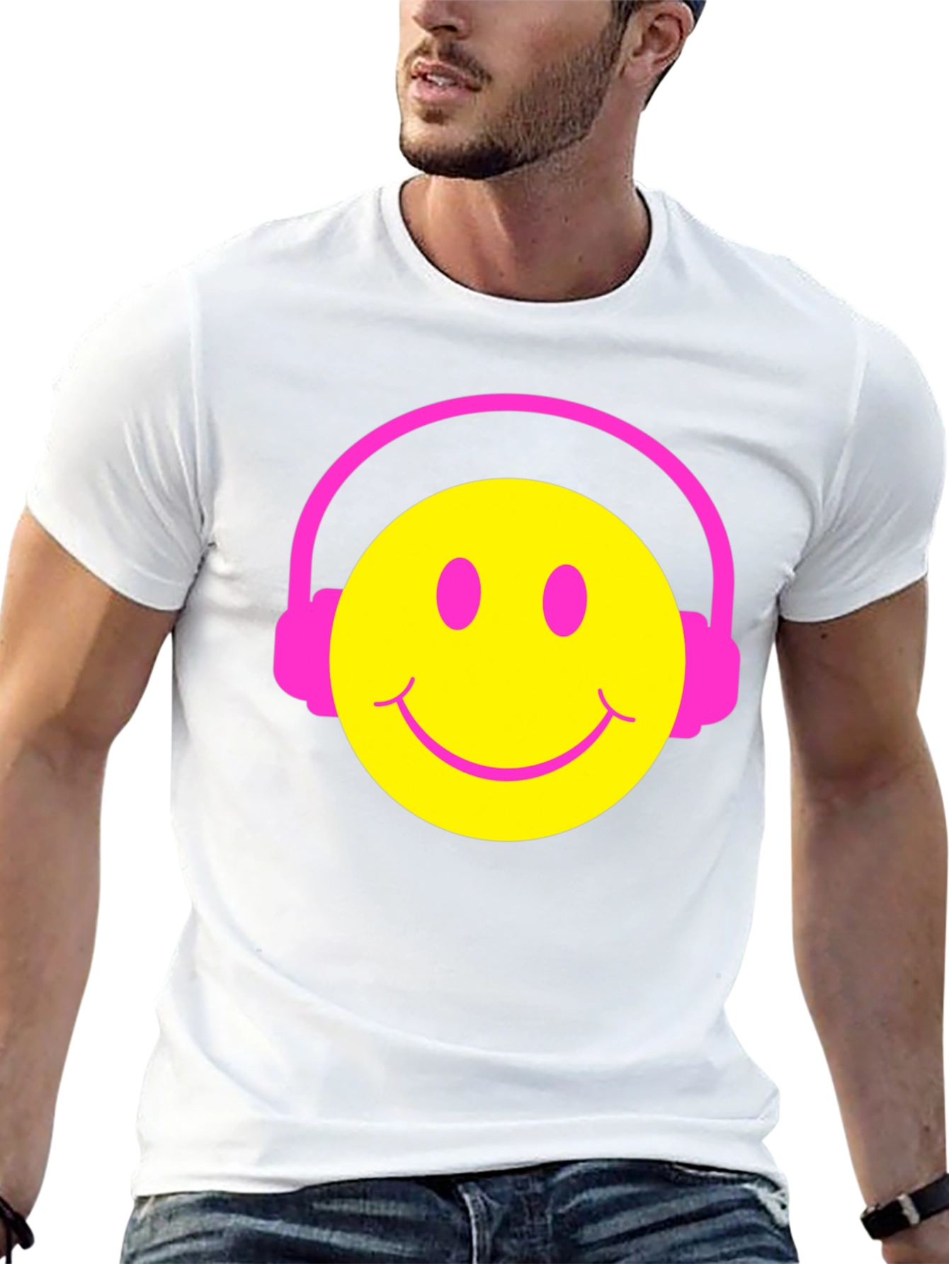 Smiley Face Headphones Graphic Tee - Black