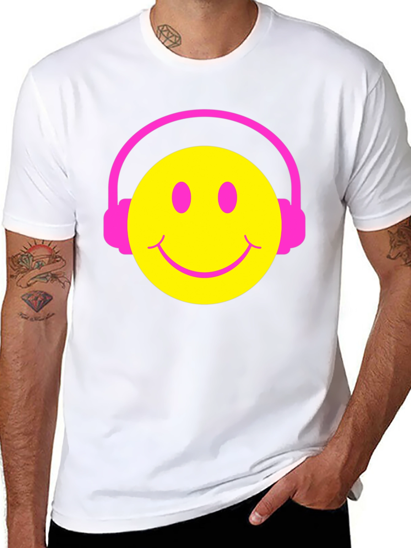 Smiley Face Headphones Graphic Tee - Black