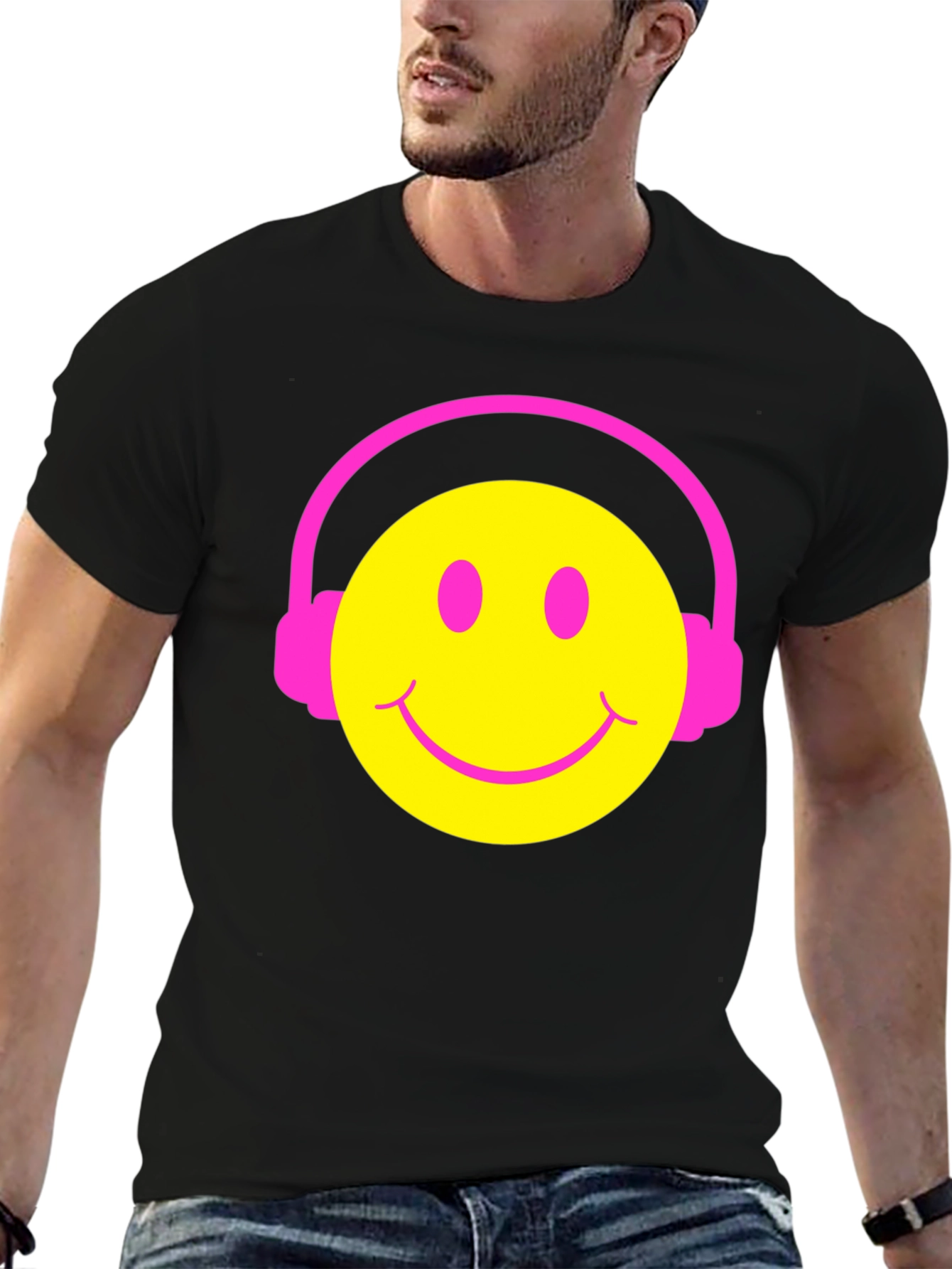 Smiley Face Headphones Graphic Tee - Black