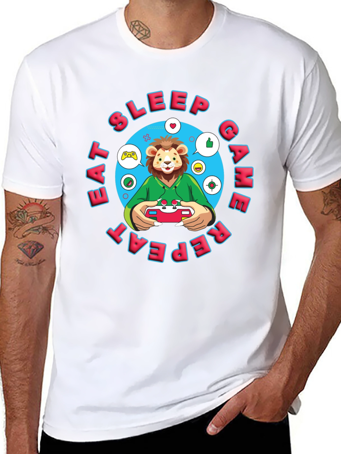 Gamer Lion T-Shirt - Eat Sleep Game Repeat