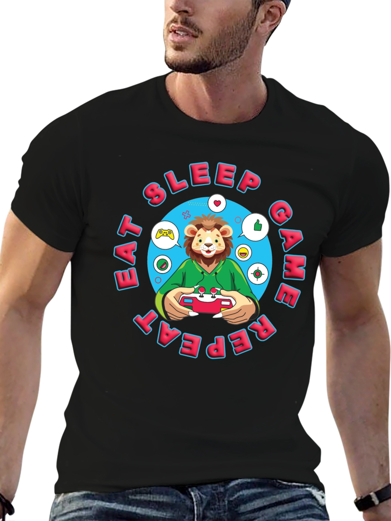Gamer Lion T-Shirt - Eat Sleep Game Repeat