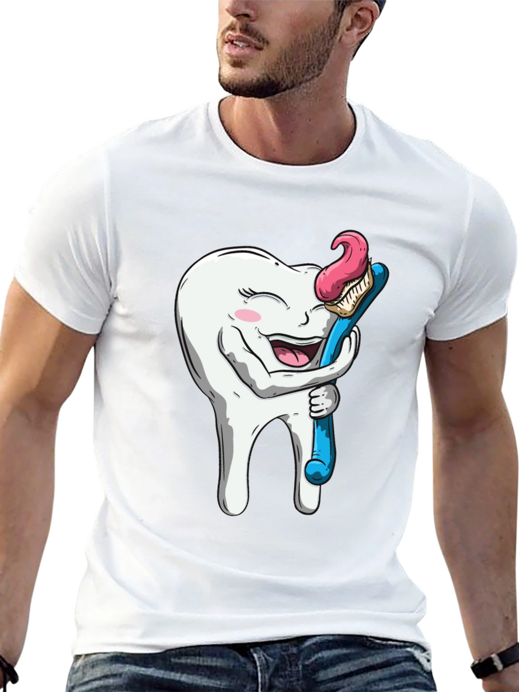 Funny Tooth Hugging Toothbrush Black T-Shirt