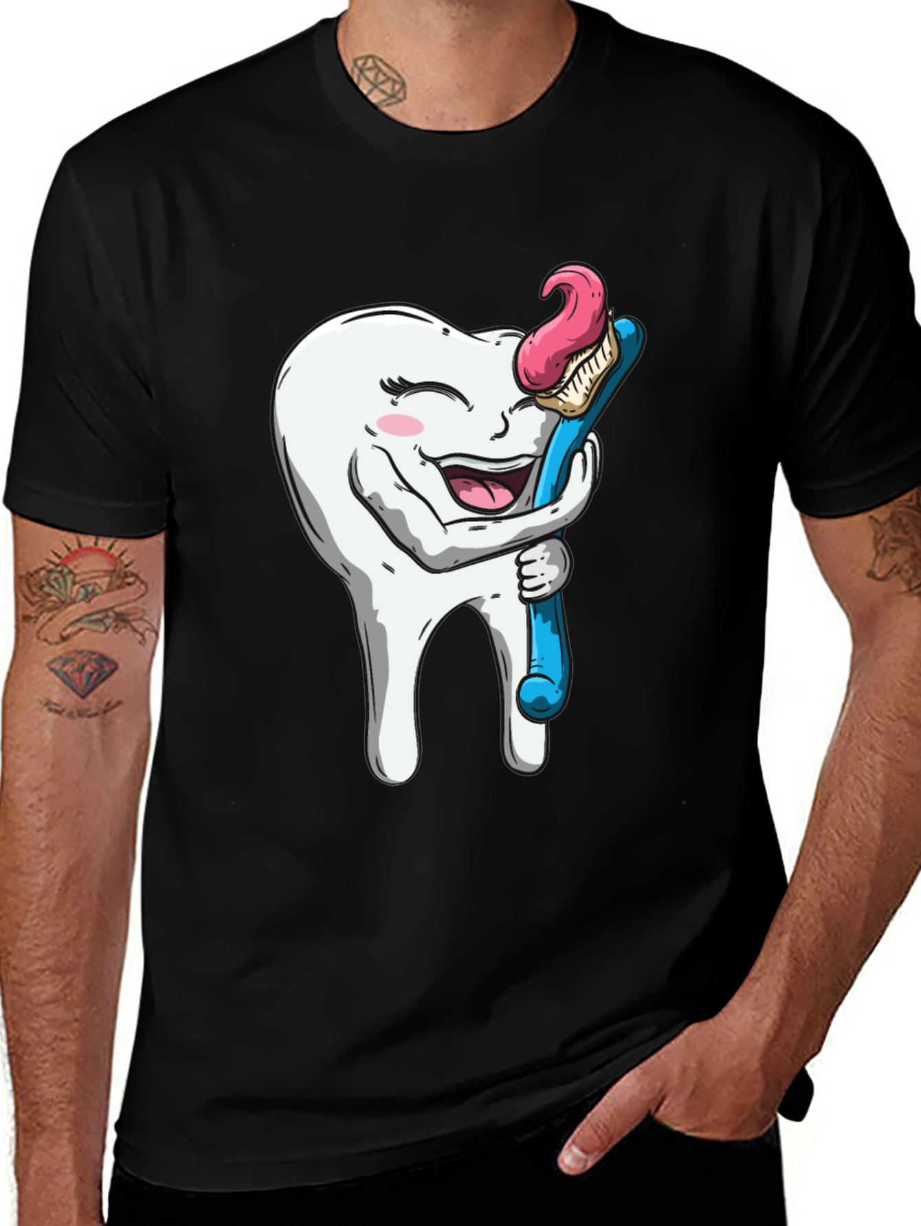 Funny Tooth Hugging Toothbrush Black T-Shirt