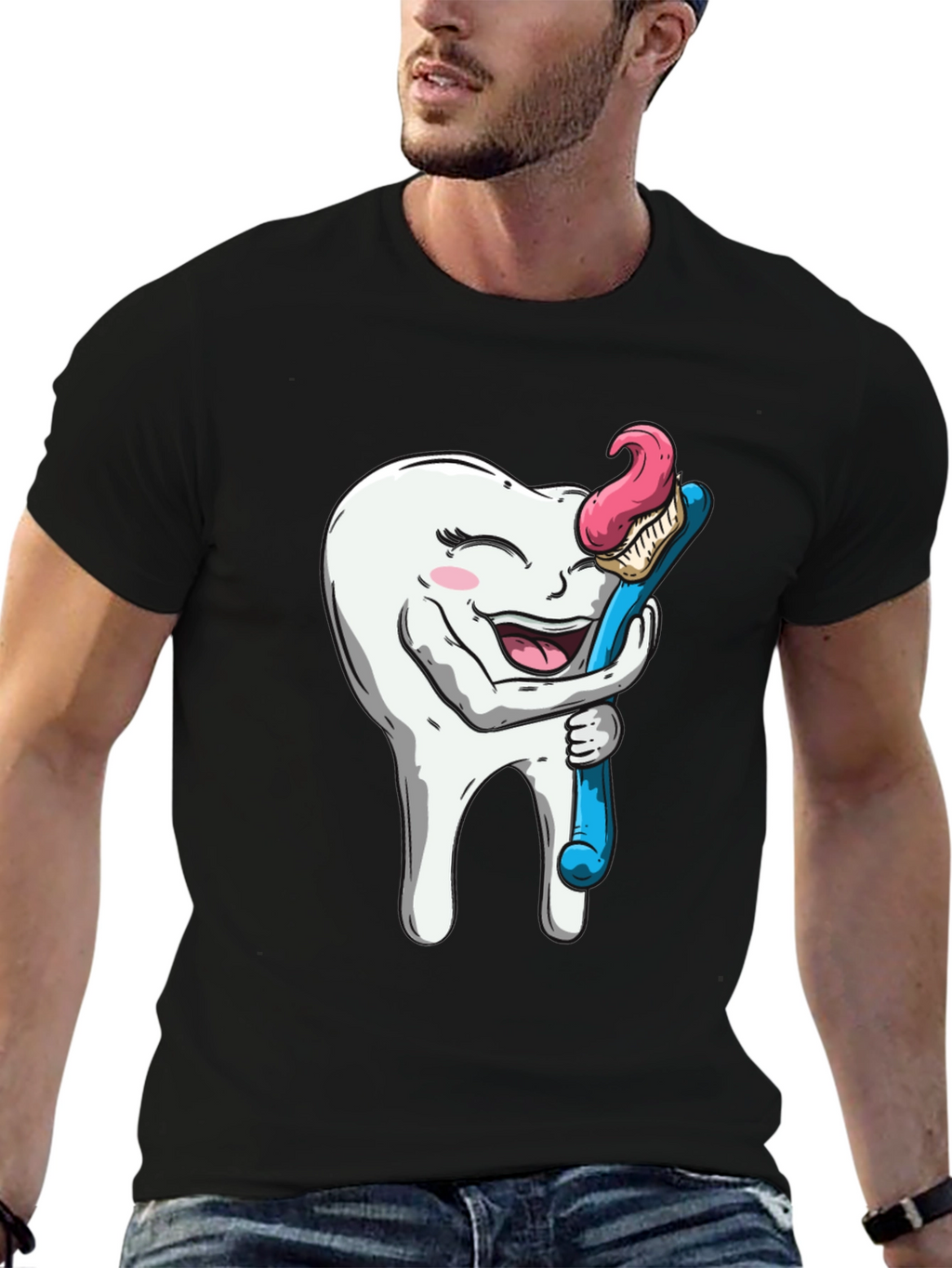 Funny Tooth Hugging Toothbrush Black T-Shirt