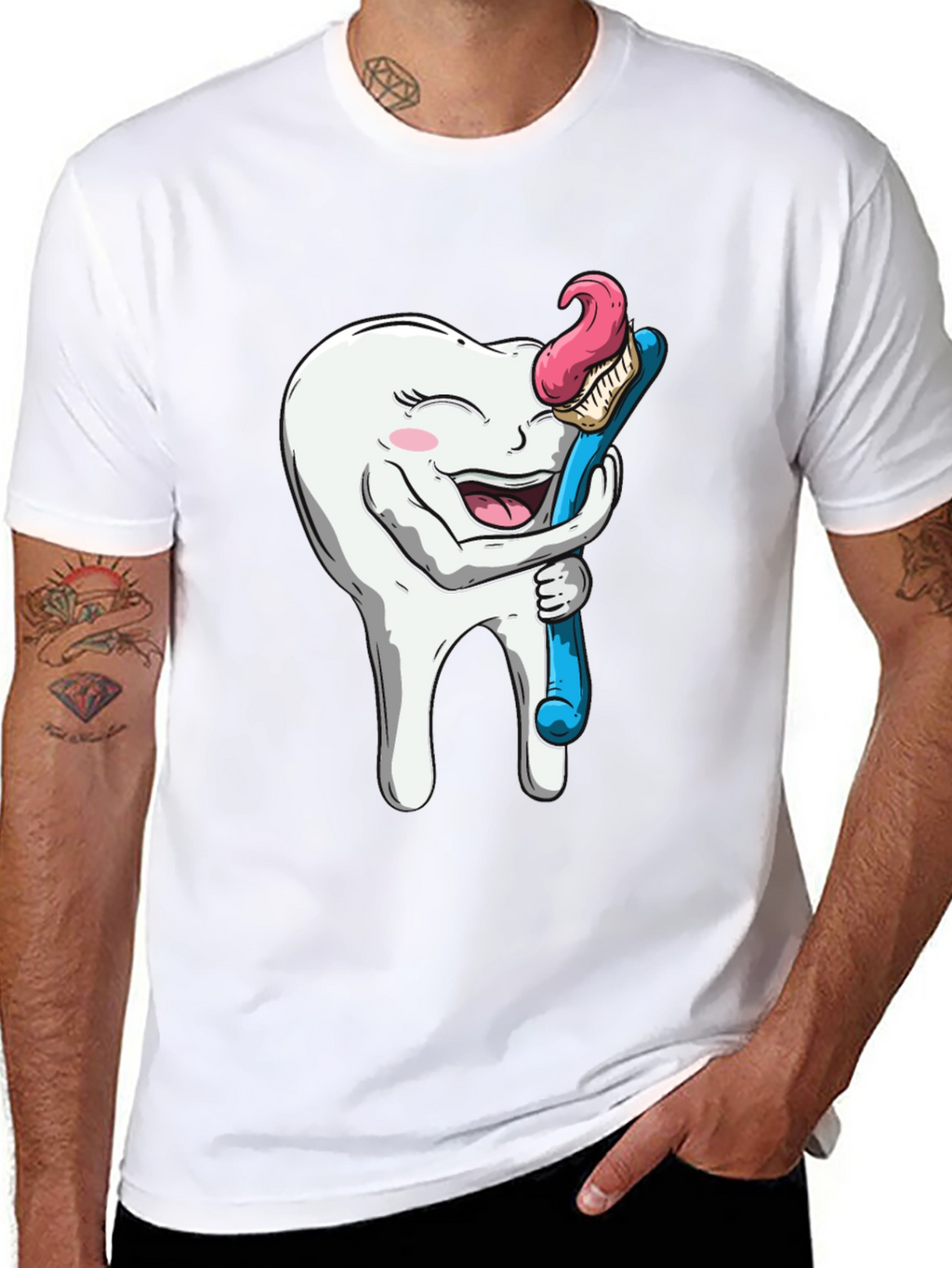 Funny Tooth Hugging Toothbrush Black T-Shirt