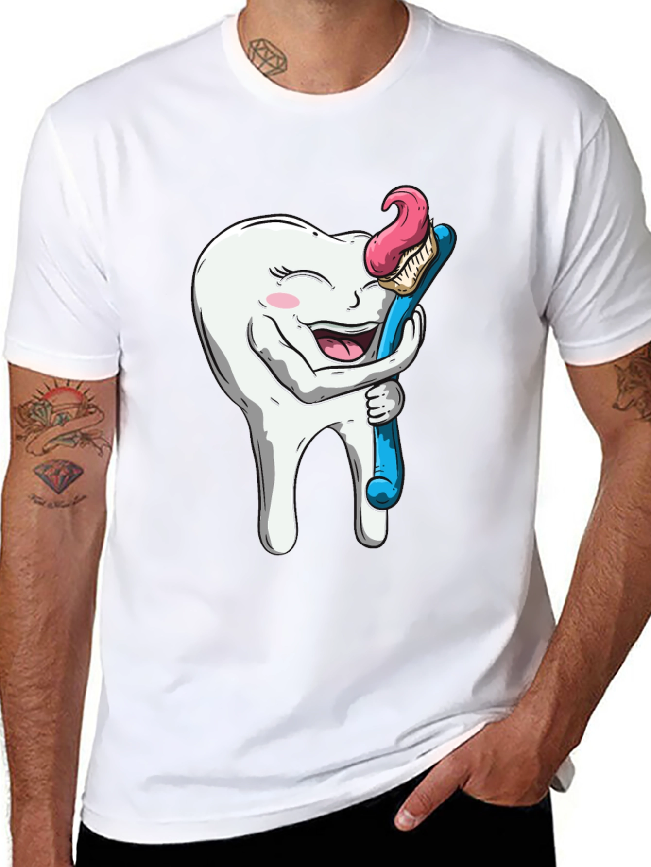 Funny Tooth Hugging Toothbrush Black T-Shirt
