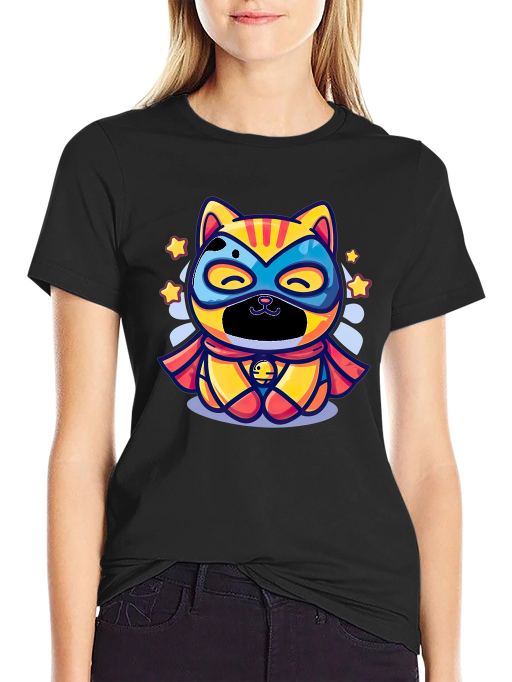 Superhero Cat Graphic Tee - Black