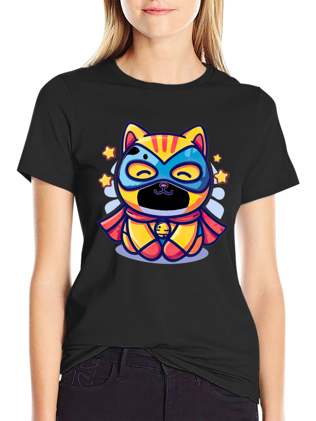 Superhero Cat Graphic Tee - Black