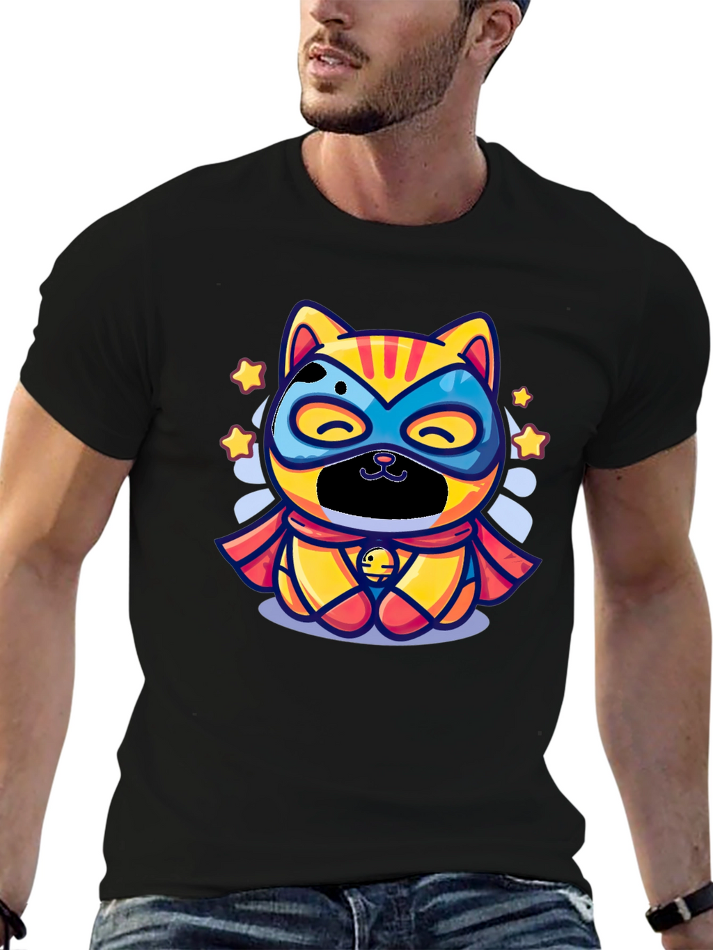 Superhero Cat Graphic Tee - Black