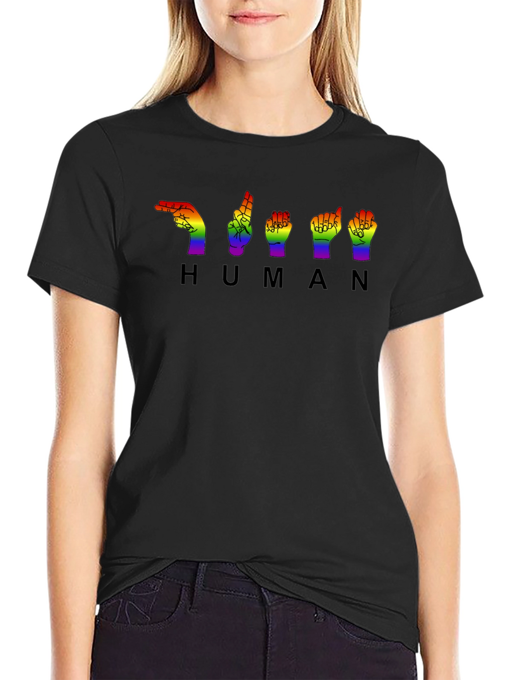 LGBTQ+ Pride HUMAN Sign Language Black T-Shirt