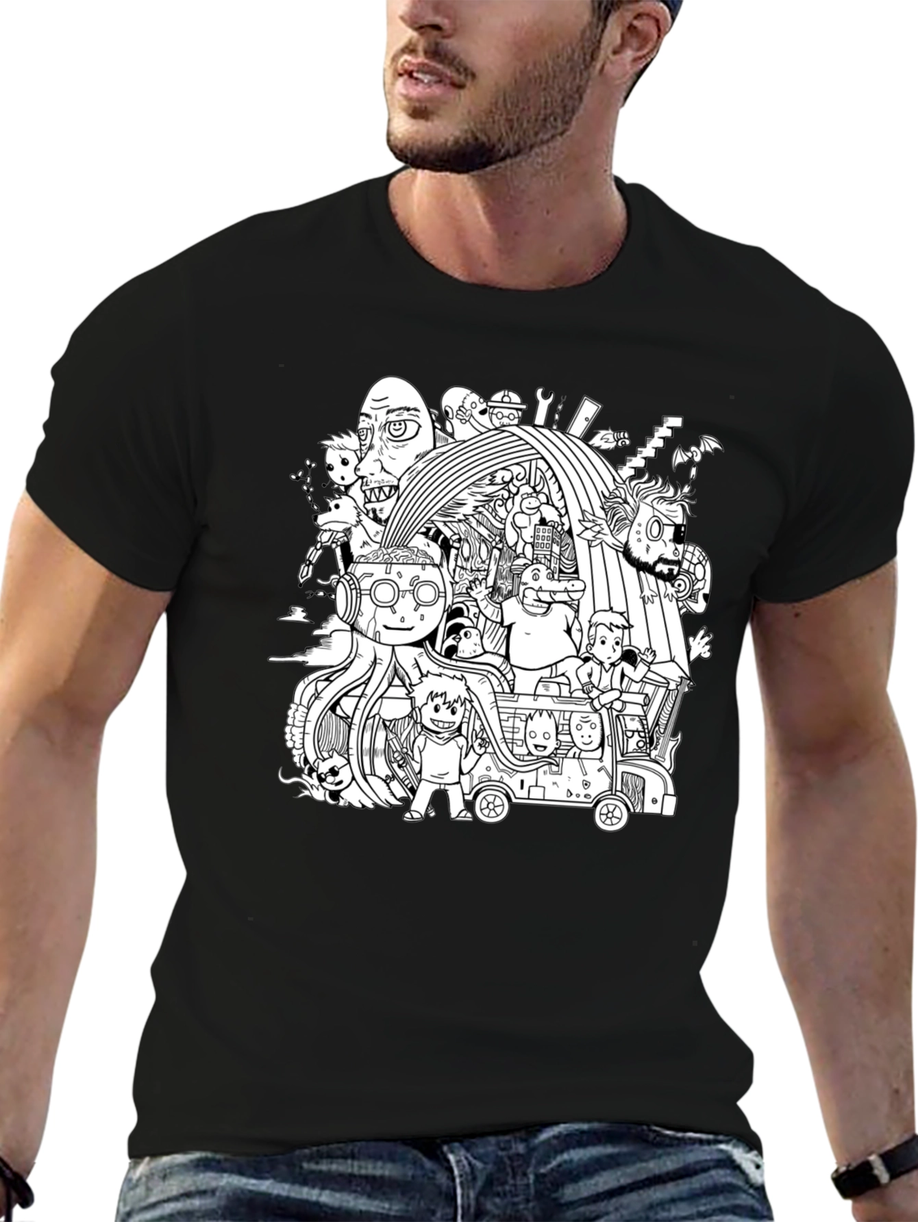 Black T-Shirt with Doodle Graphic