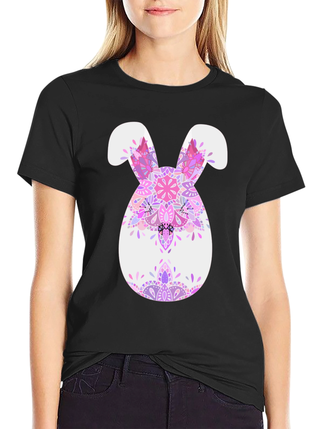 Easter Bunny Mandala T-Shirt - Black Cotton Tee