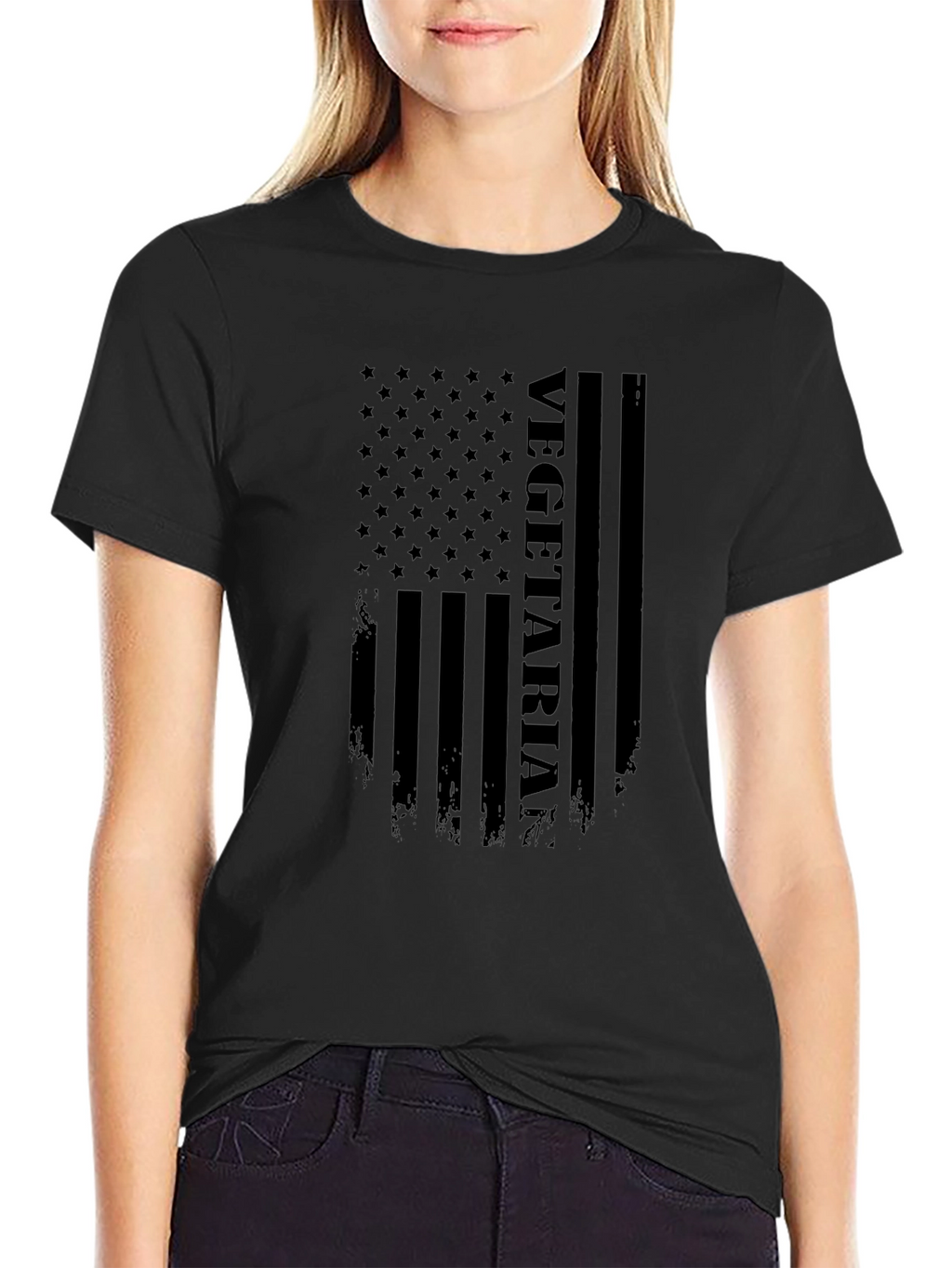 Vegetarian American Flag Graphic T-Shirt - Black