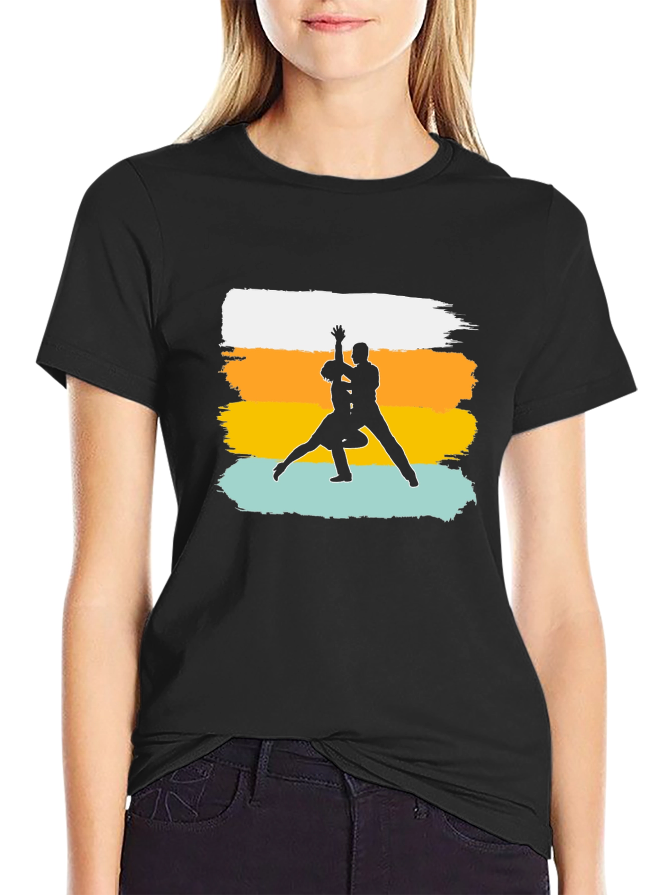 Dancing Silhouette Graphic Tee - Retro Stripe Design