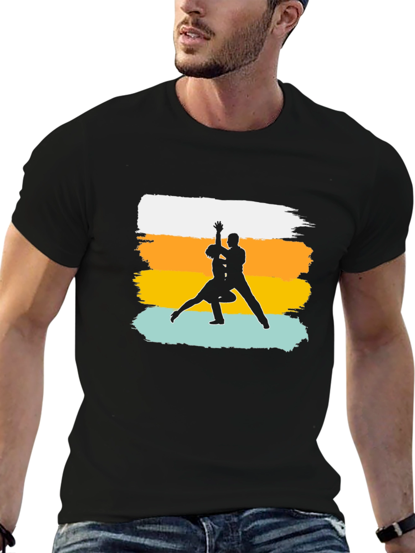 Dancing Silhouette Graphic Tee - Retro Stripe Design