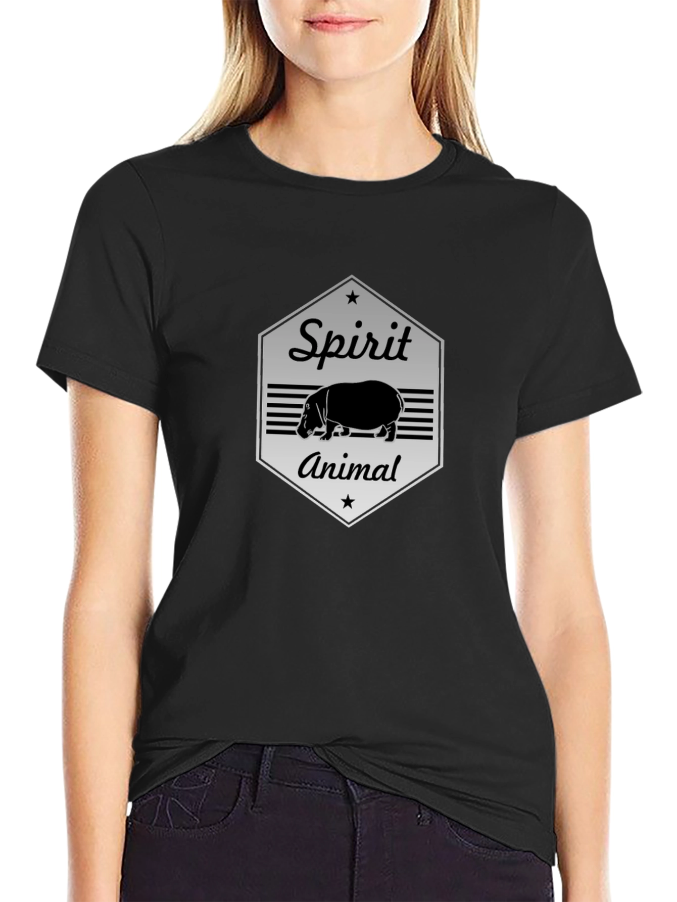 Hippo Spirit Animal Graphic Tee - Black Cotton T-Shirt
