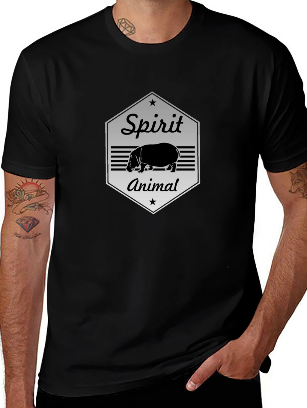 Hippo Spirit Animal Graphic Tee - Black Cotton T-Shirt