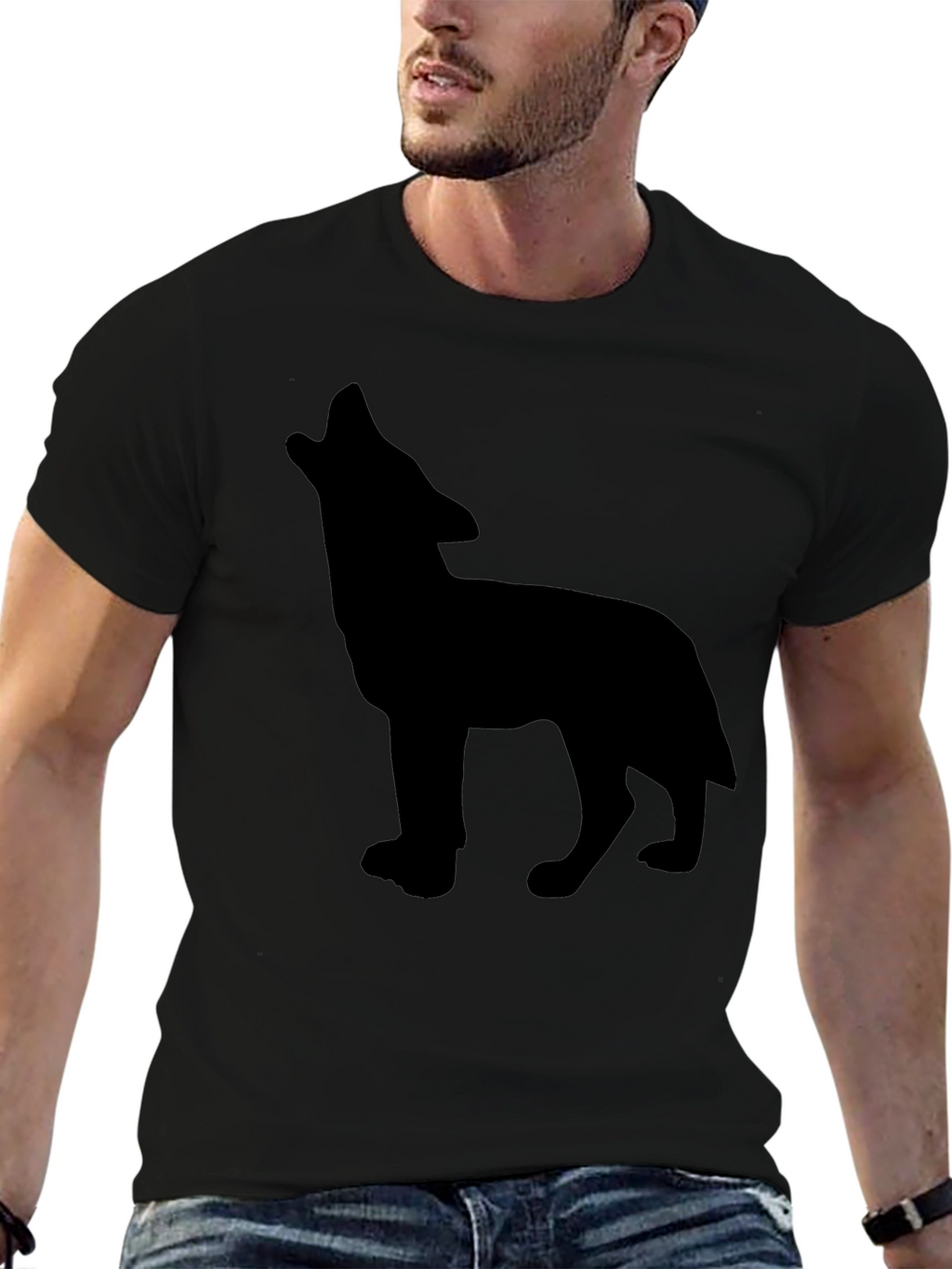 Black T-Shirt with Wolf Silhouette Design