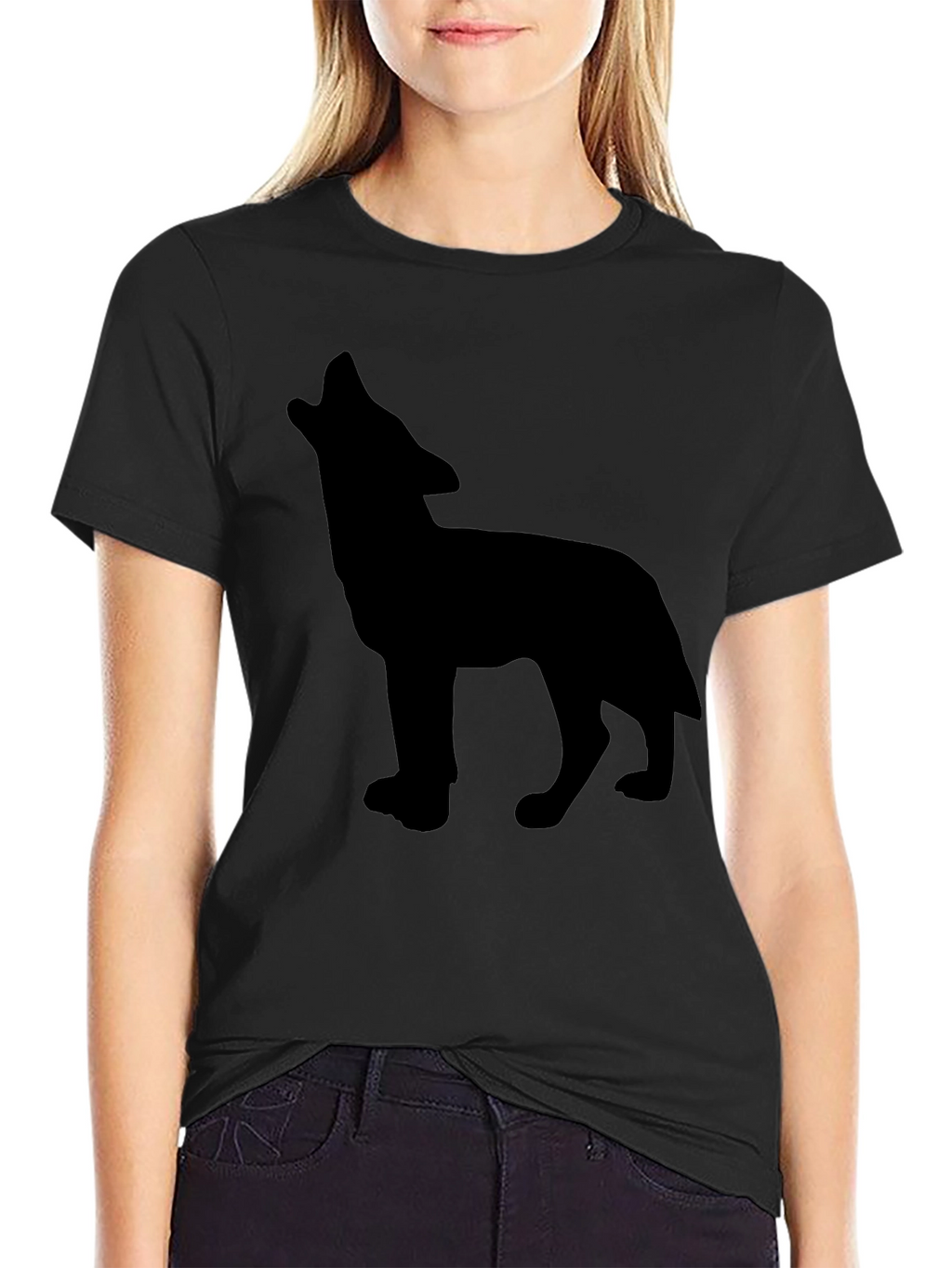 Black T-Shirt with Wolf Silhouette Design