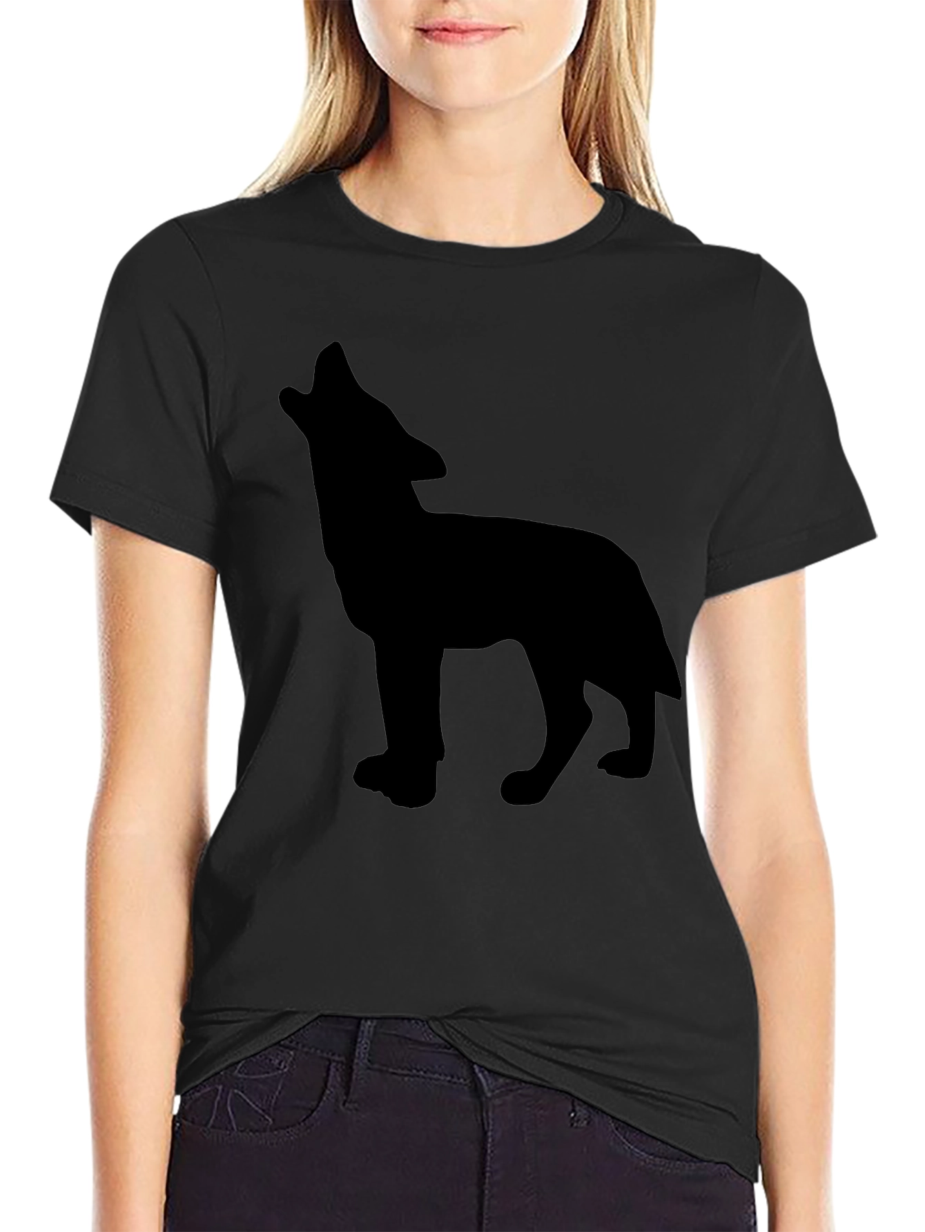 Black T-Shirt with Wolf Silhouette Design