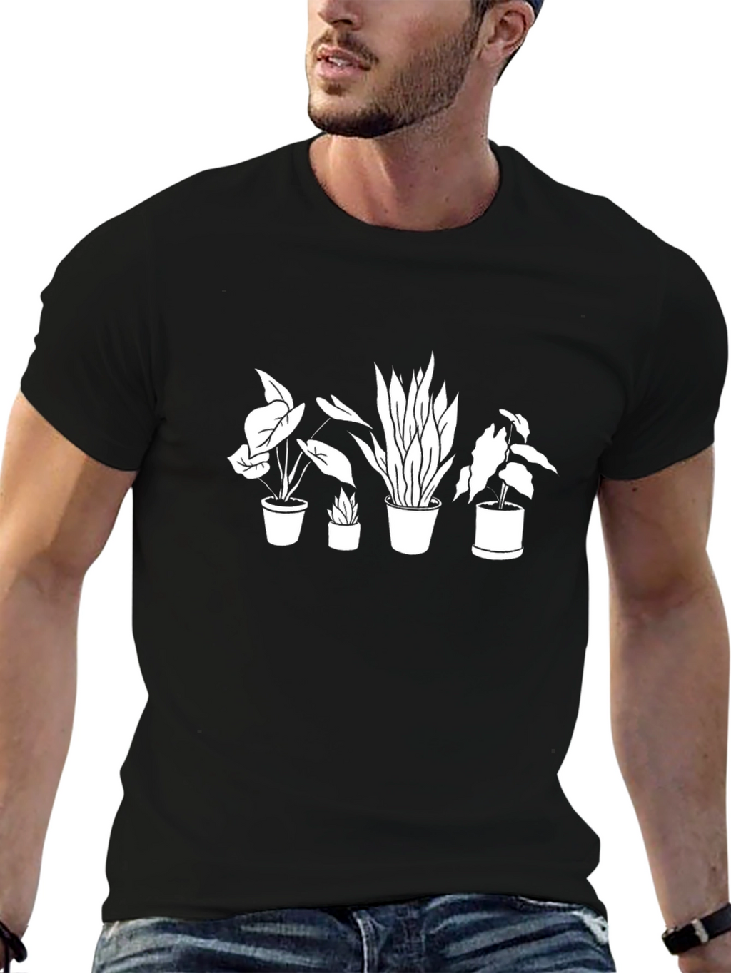 Stylish Potted Plants Graphic Tee - Black