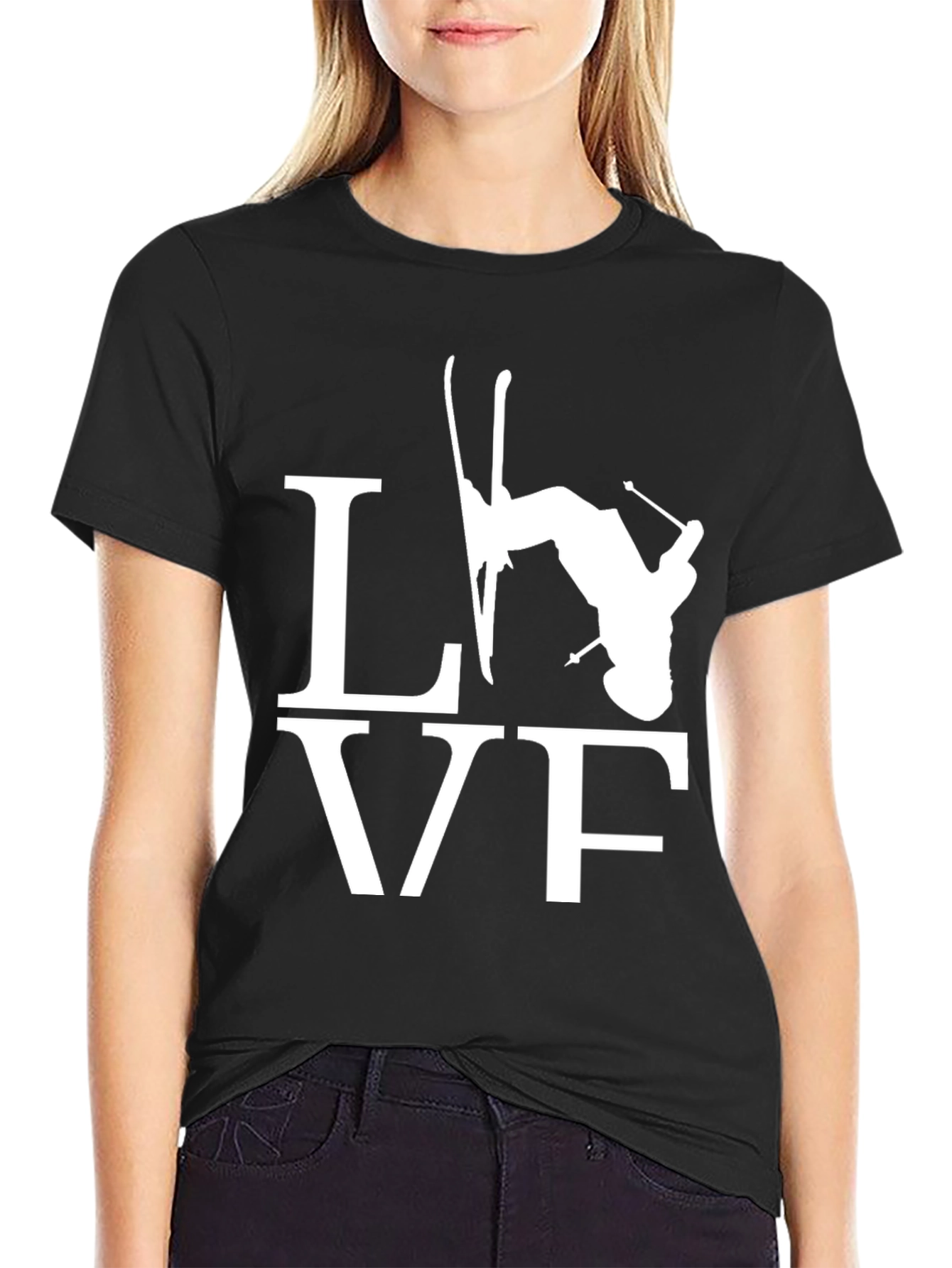 Skiing LOVE Graphic Tee - Black Cotton Blend